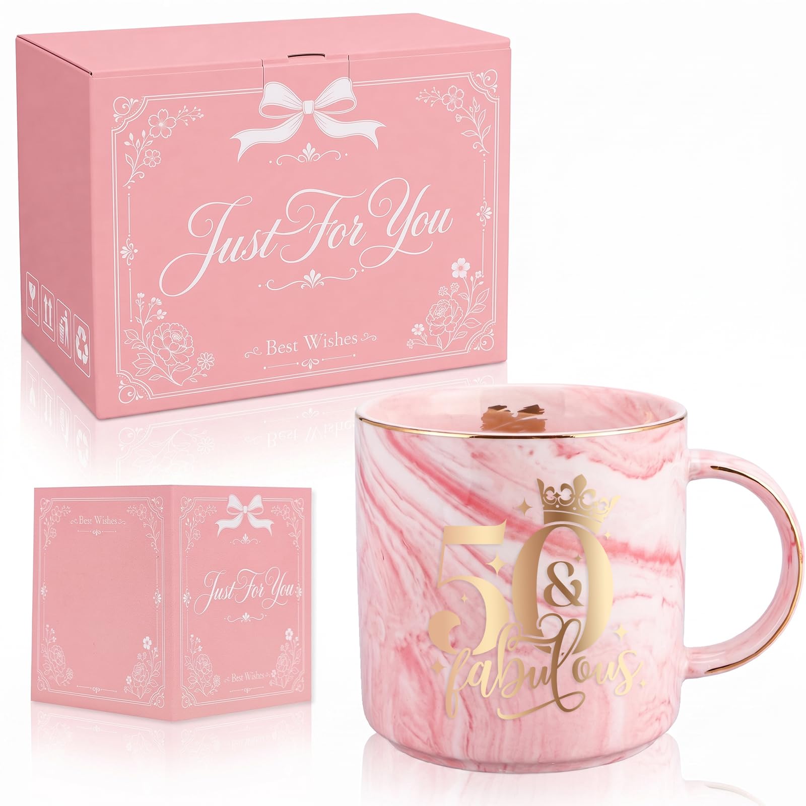 Bliceon 50th Birthday Gifts for Women, Fabulous 50th Birthday Coffee Mug with Card, 11oz Pink Marble Coffee Mug, Funny 50 Year Old Gift for Wife, Mum, Daughter, Sister, Best Friend