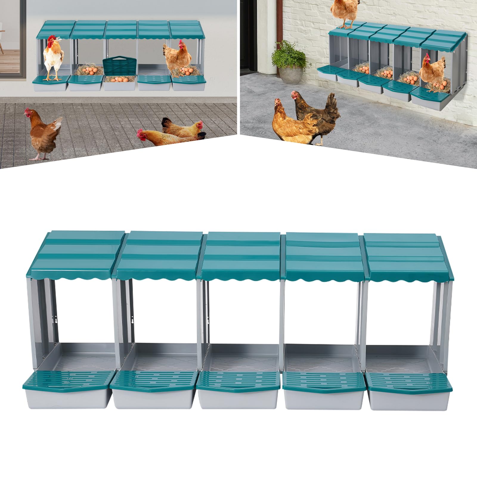 Gallinero nido para gallinero, accesorios, caja con recogehuevos, de material PP, para montaje en pared o de pie en exteriores, cría de pollos (verde, 5 compartimentos)