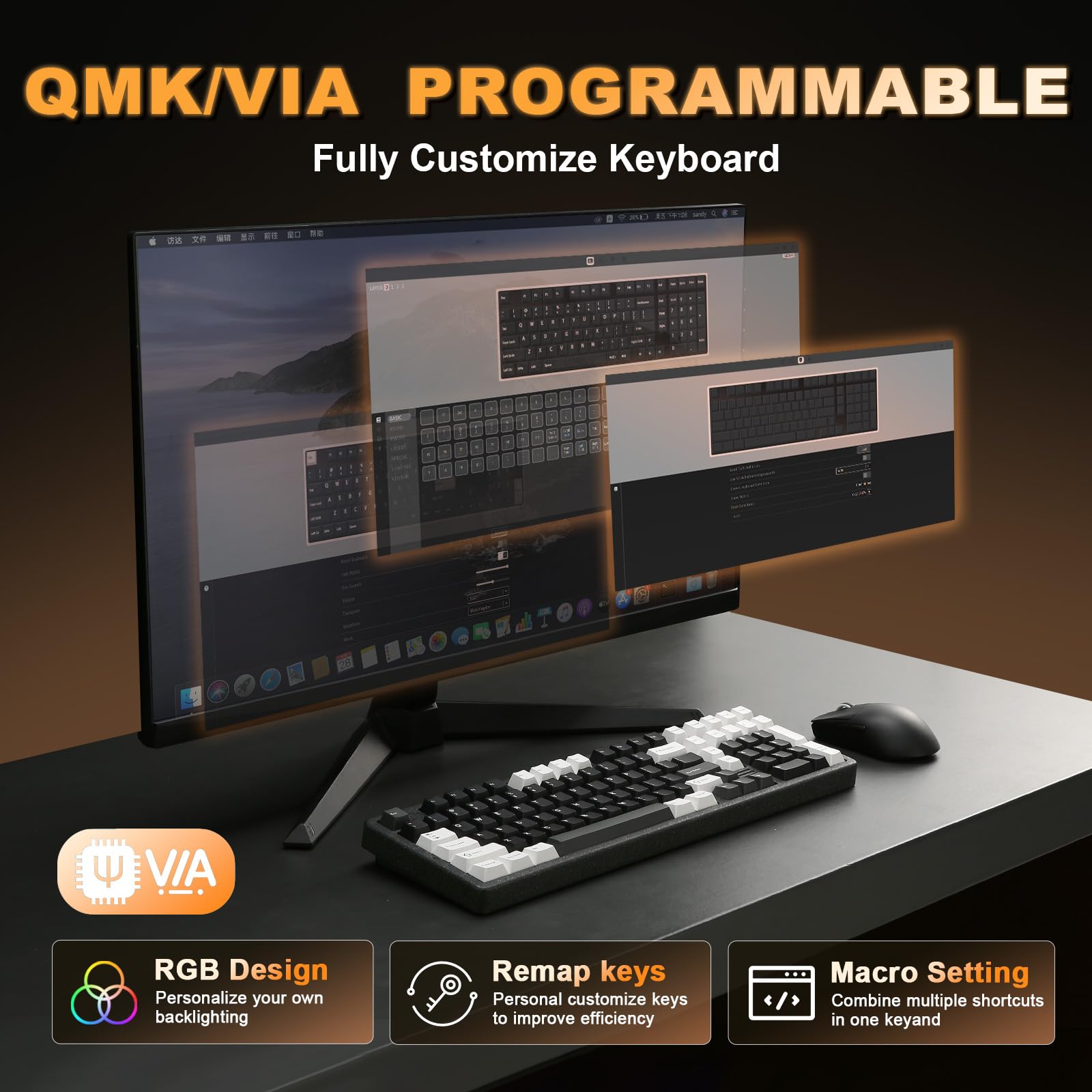YUNZII AL98 QMK/VIA Bezprzewodowa Mechaniczna Klawiatura Gamingowa, Pełna Aluminiowa Obudowa, BT/2.4G/USB-C, Podświetlenie RGB dla Win/Mac (Czarny, Milk V2 Linear)