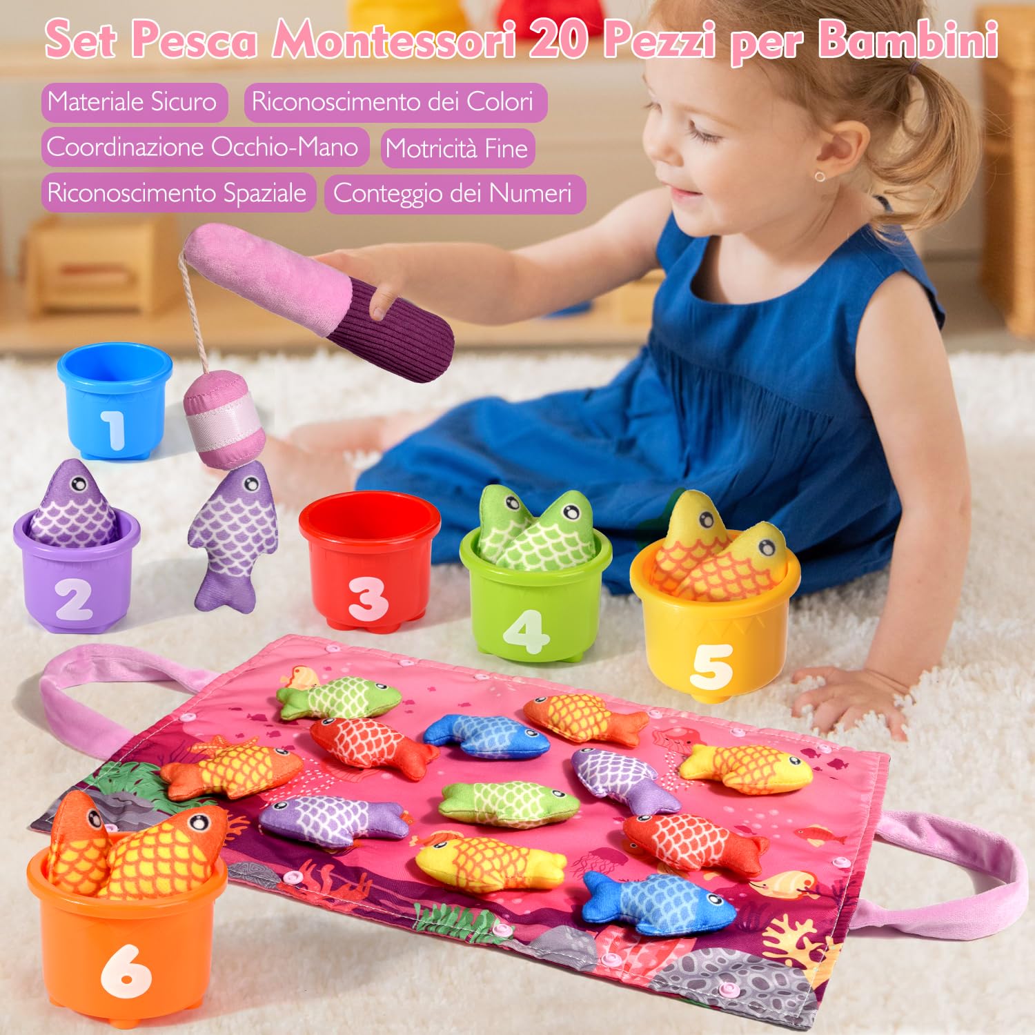 Yitical Giochi Bambini 1 Anno, 20PCS Montessori Gioco Pesca Morbidi, Regalo Bambina 1 Anno 6 9 12 Mesi 2 Anni, Interattivi Educativo Giocattoli Bimba Bimbo-Rosa