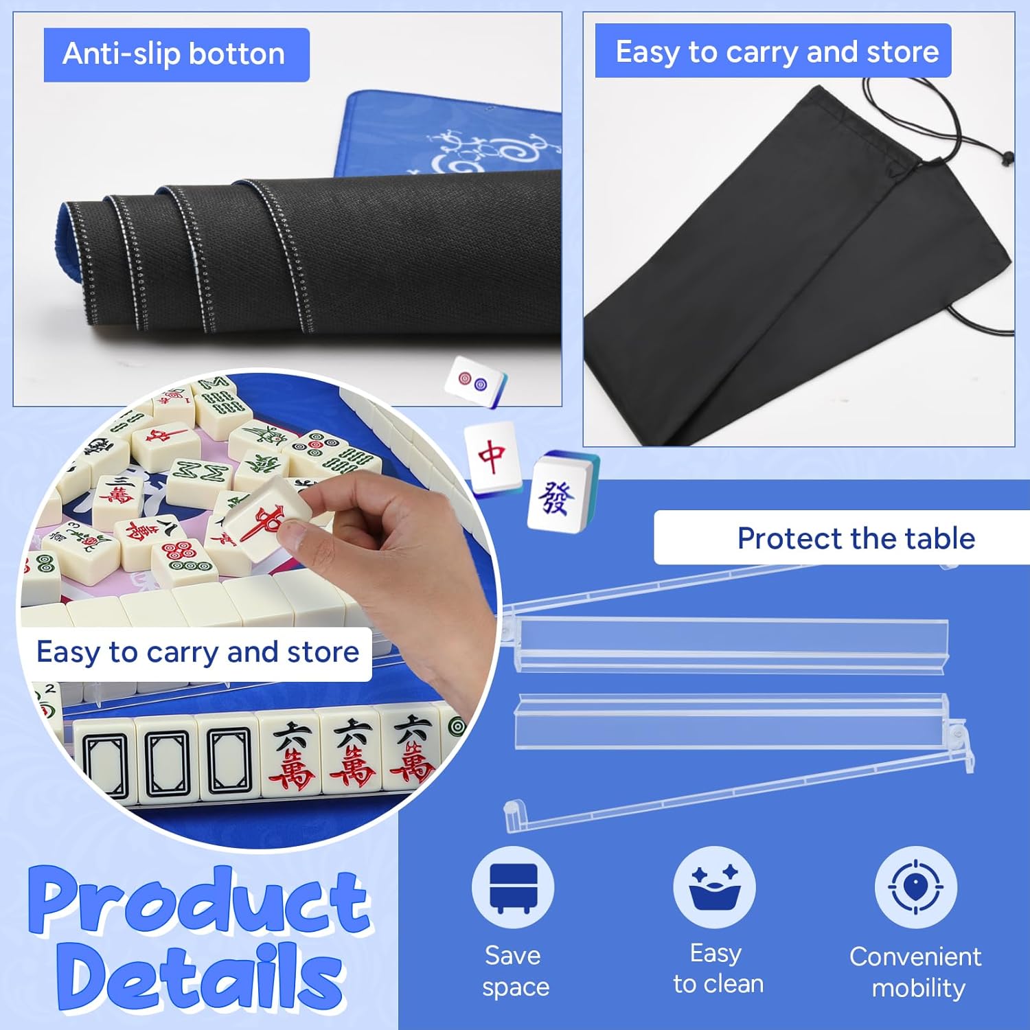 American Mahjong Game Accessories Set Mahjong Table Mat 31.5" x 31.5" with 4 Clear Mahjong Racks with Pushers Non-Slip Portable Mat with Carry Bag