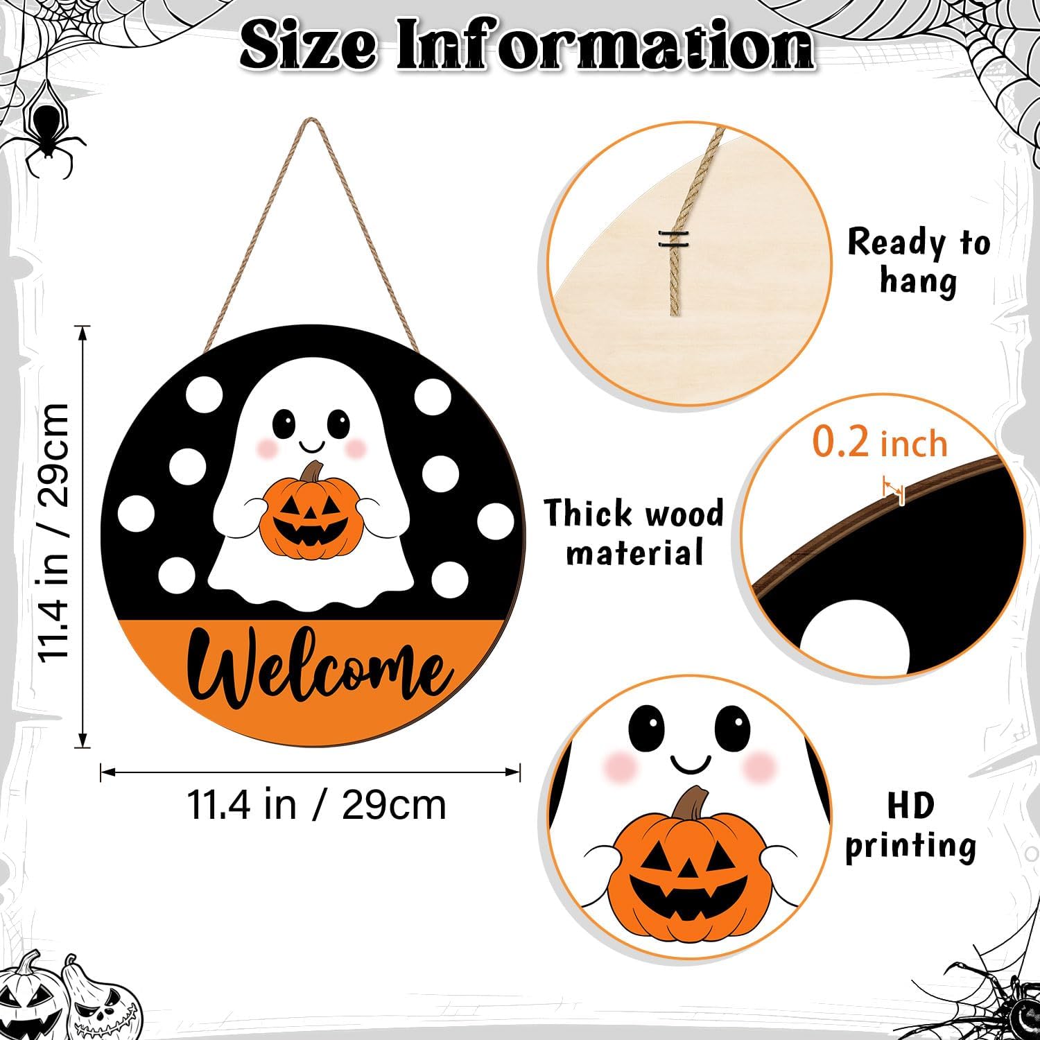 Halloween Ghost Door Sign, Halloween Cute Ghost Welcome Front Door Hanger, Pumpkin Wooden Wreath Wall Sign For Home Party Outdoor Yard Decor Farmhouse Decorations Round