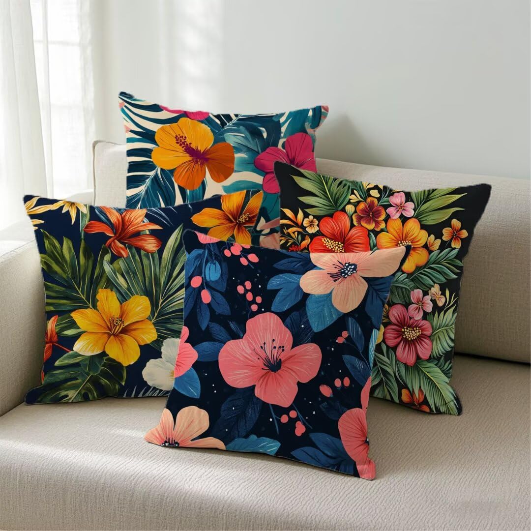Housse de coussin extérieur imperméable 50x50 cm aspect lin, lot de 4 carrés motif tropical Ym458