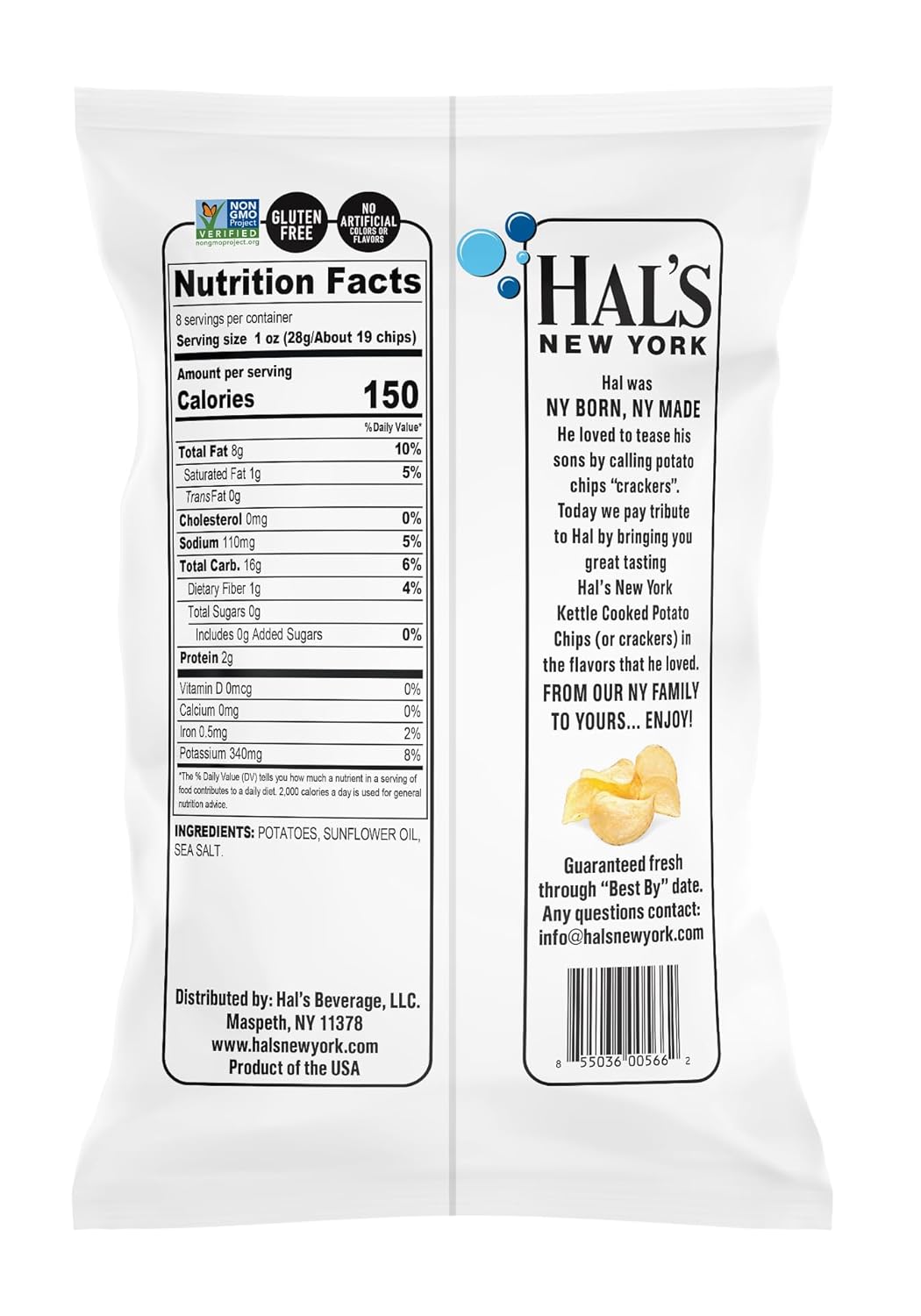 Hal's New York Kettle Cooked Potato Chips, Sea Salt, 8 Oz Bag (Pack of 12)