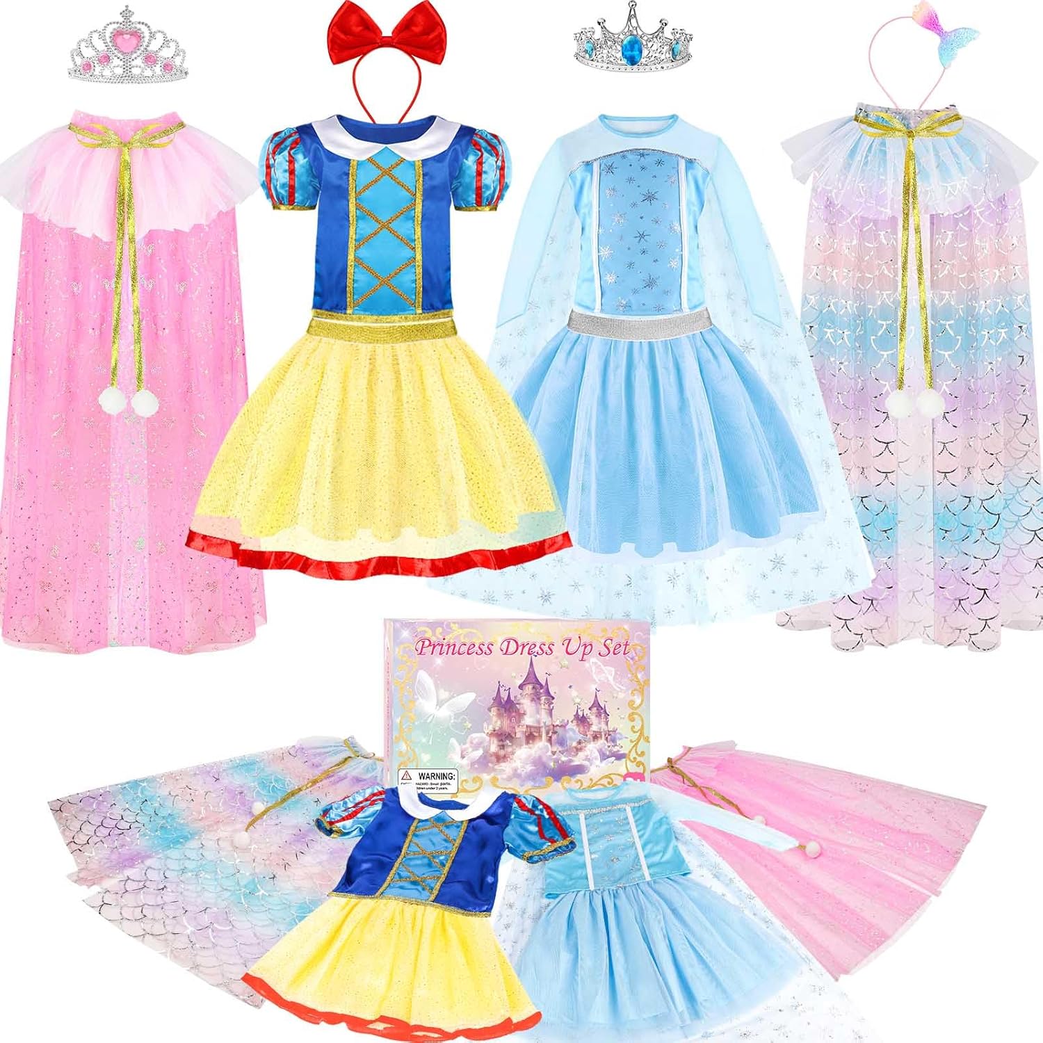 Princess Dress Up for Girls 3-6, Toddler Dress Up Clothes with Princess Cape and Hairbands, Pretend Play Toddler Girl Toys, Halloween Christmas Birthday Gifts for Kids