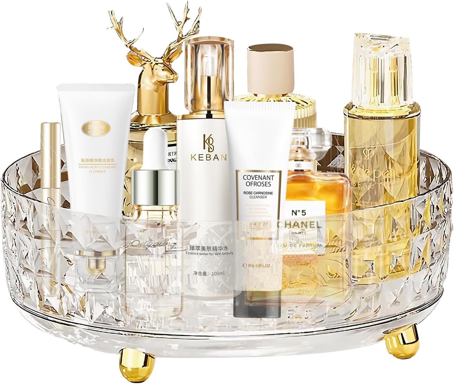 360 Rotating Makeup Organizer for Vanity, Diamond Pattern Skincare Organizer Perfume Lazy Susan Organizer Bathroom Makeup Countertop Spinning Holder, Cosmetic Storage Display Cases (Clear)