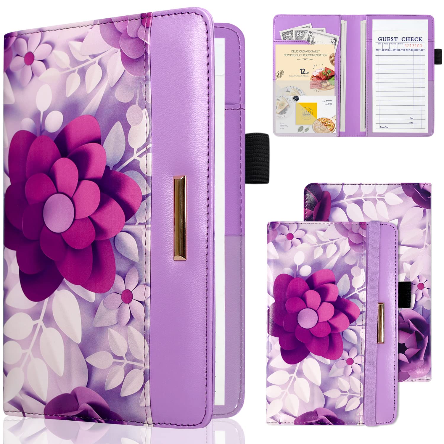Server Books for Waitress - Leather Waiter Book Server Wallet Cute Waitress Book&Waitstaff Organizer, Guest Check Book Holder Money Pocket Fit Server Apron, Purple Flower