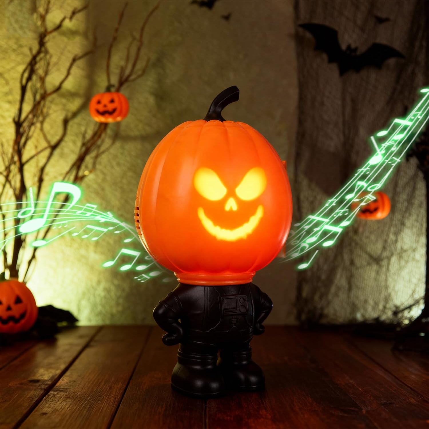 Talking Singing Pumpkin Figurine with Projector Light, Animated Lighted Halloween Christmas Decor, Holiday Prop Desktop Ornament Gift with USB
