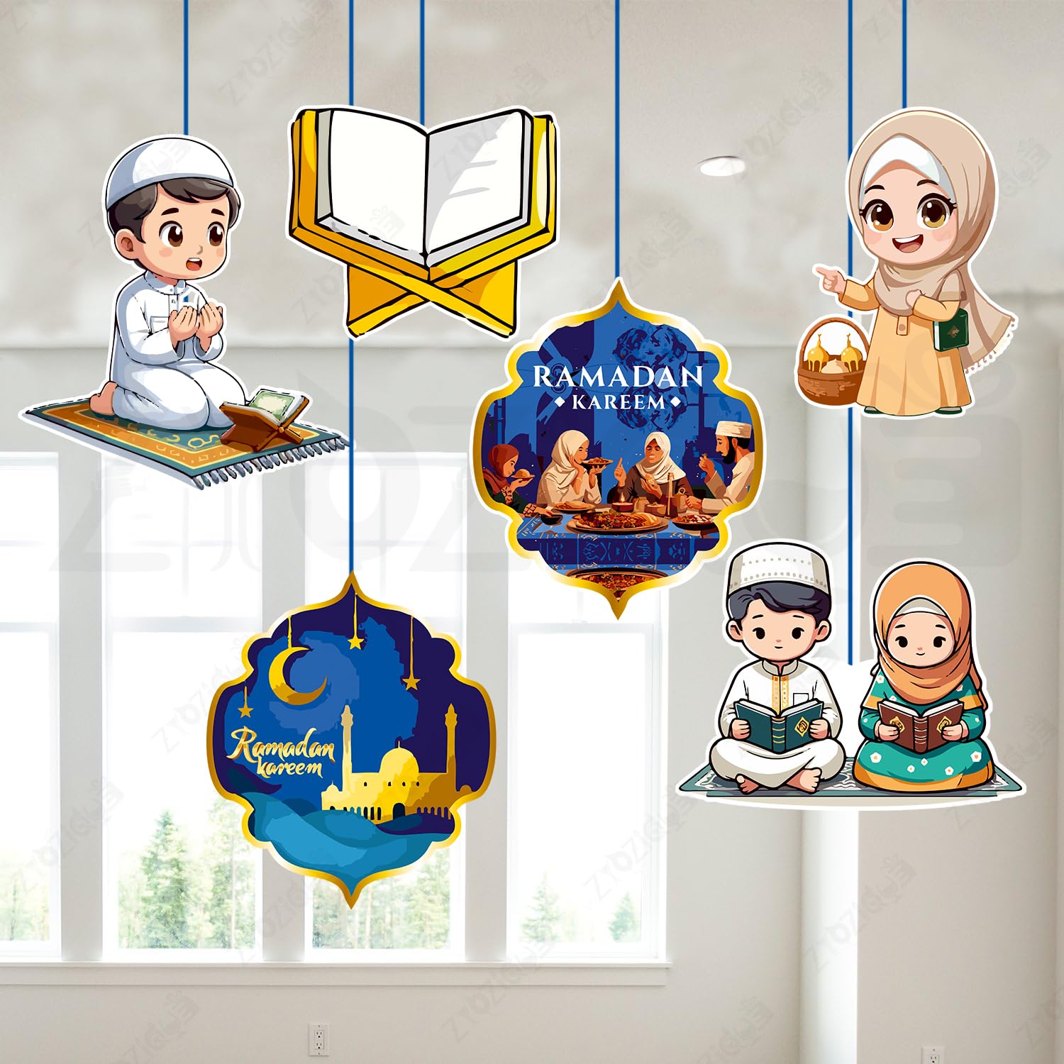 Ramadan Kareem/Eid Ceiling Hangings Decoration, Islamic Theme Party Decoration, Character Cutouts with Quran, Mosque Design, Eid Ramadan Mubarak Decor (Pack of 7)-image-48