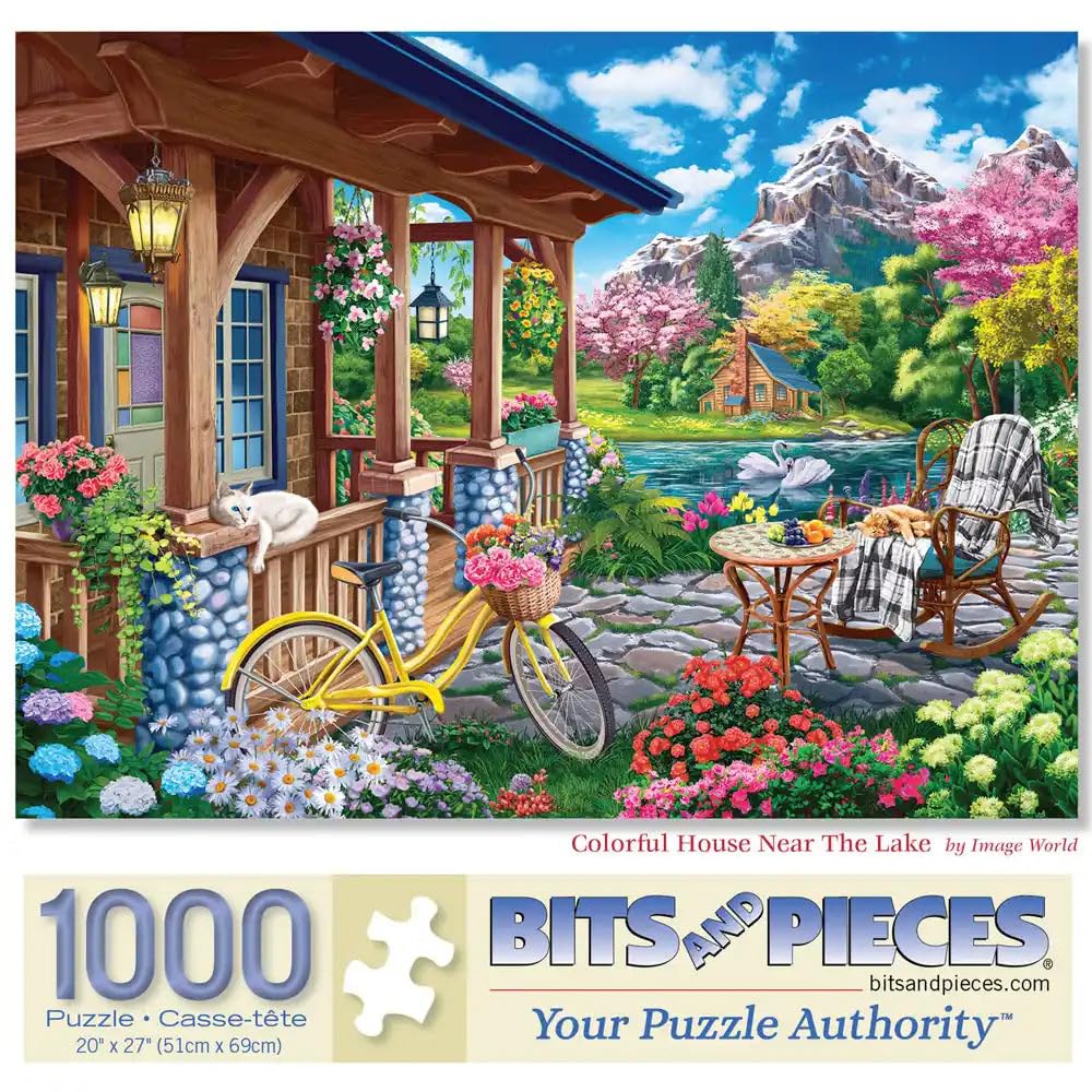 Bits and Pieces - 1000 Piece Jigsaw Puzzle for Adults - 20" x 27" - Colorful House Near The Lake - 1000 pc Mountainside Retreat Spring Jigsaw