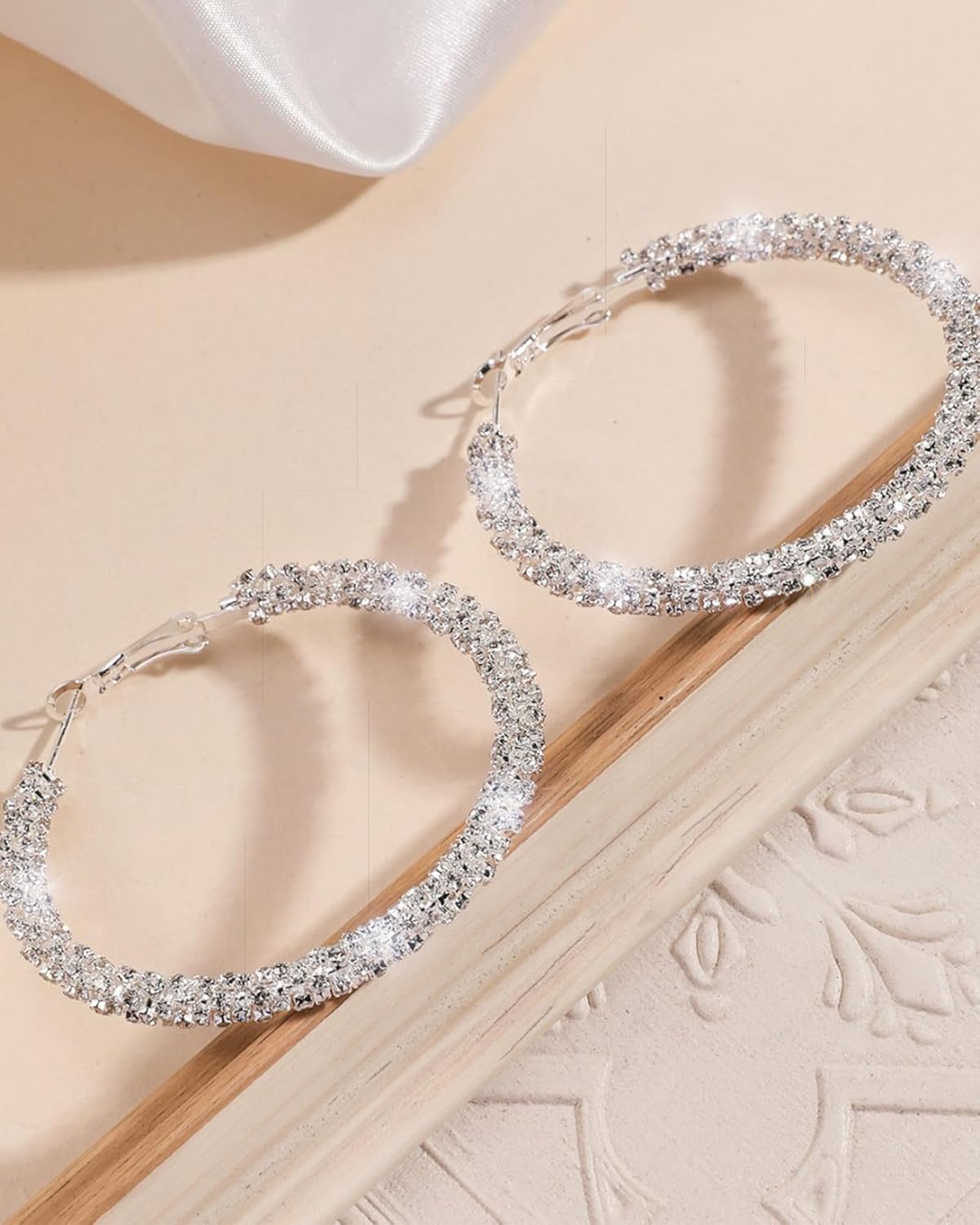 Silver Rhinestone Hoop Earrings for Women Sparkly Large Hoop Earrings Trendy Silver 50mm Rhinestone Hoops Wedding Party Prom Jewelry Accessories Gifts for Her - Image 6