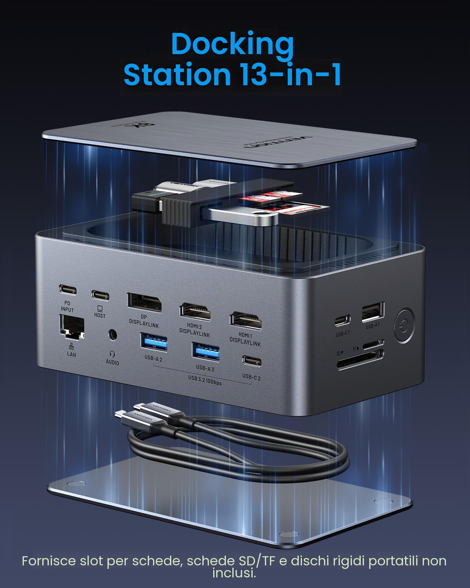 VENTION 13 in 1 USB C Docking Station Per 3 Monitor Con Display Touchscreen,Dock USB C Compatibile Con Dell,Hp E Macbook,Display 8K,1*Dp,2*Hdmi,USB 3.2 Da 10 Gbps,Pd Da 100 W Con 2 Cavi Usb-C