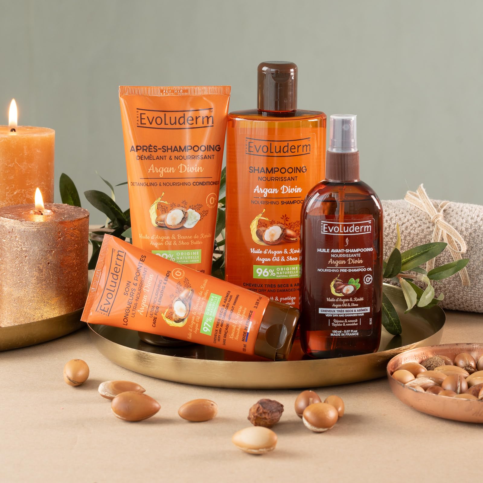 Evoluderm - Routine Nourrissante Corps & Cheveux 7 produits - Soin Corps et Cheveux - Nourrissant - Argan Divin - Fabrication Française