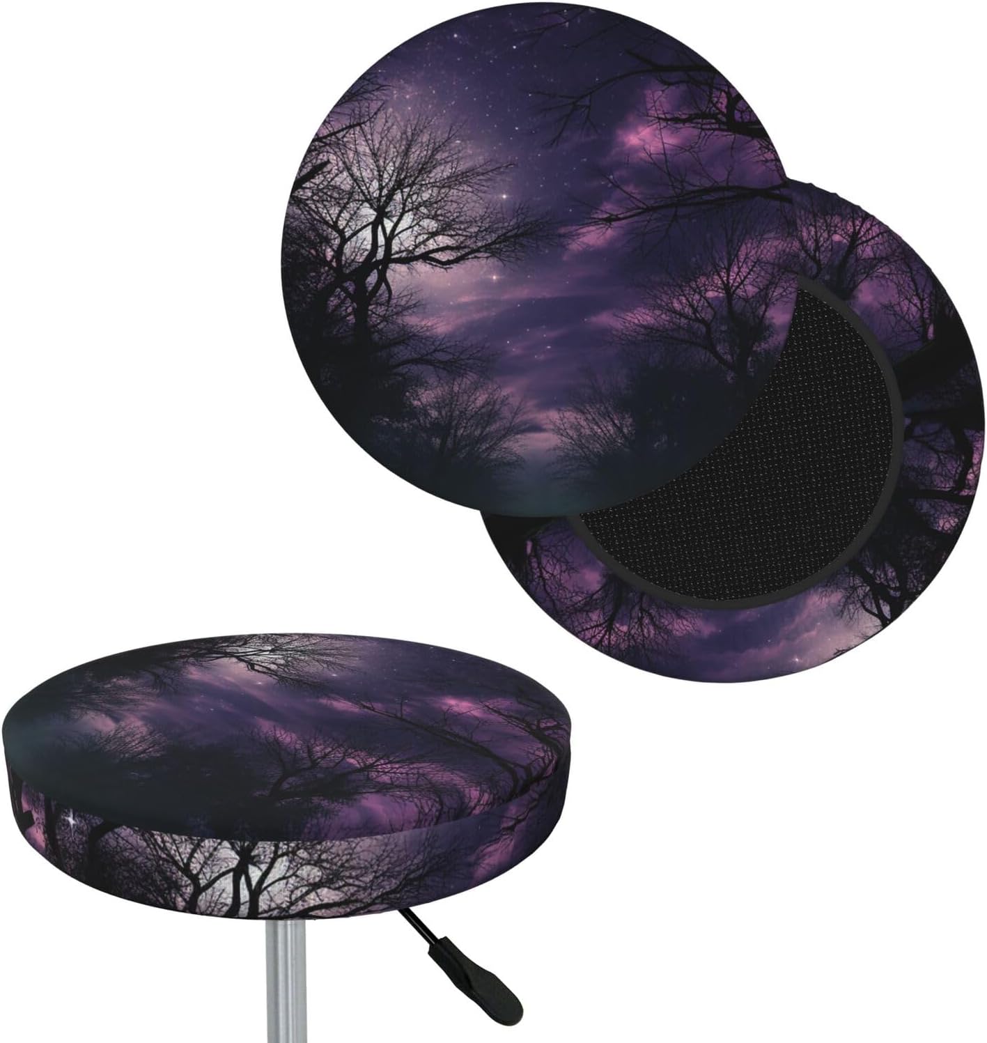 Bar Stool Cover Round Elastic Stool Cushion Covers Tree Purple Night Bar Chair Cover Washable Stool Cushion Slipcover Stretch Stool Seat Covers for 12-14 Inch Chair