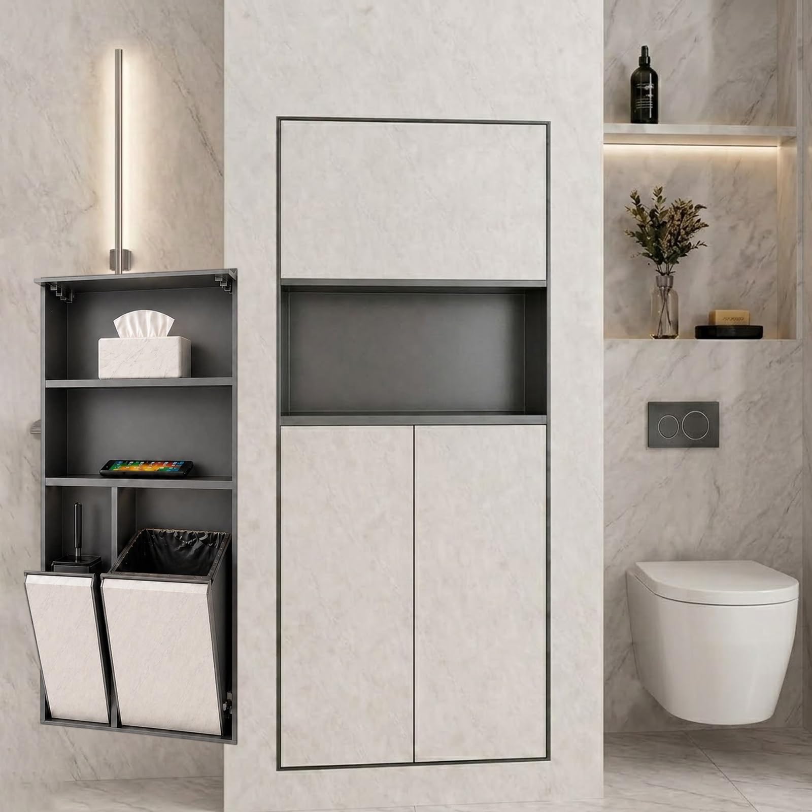 Portarotolo salvaspazio da parete con cestino e scopino per WC, organizer da incasso in acciaio inox 304 per spazi moderni