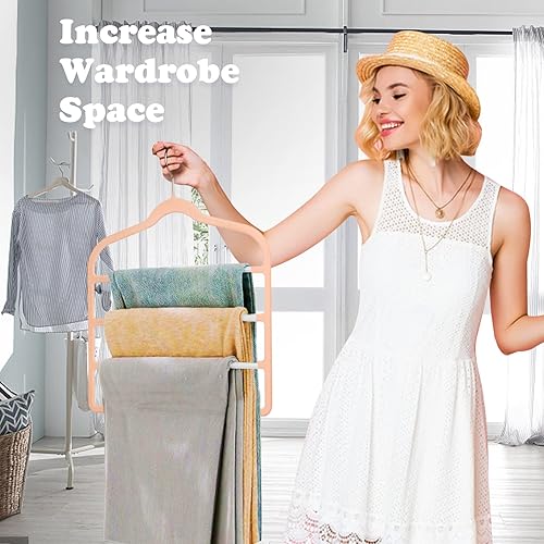 Miniatura 7 de Tinfol Colgador de ropa rosa para pantalones que ahorra espacio, 4 piezas de terciopelo antideslizante, perchas para ropa, múltiples perchas para