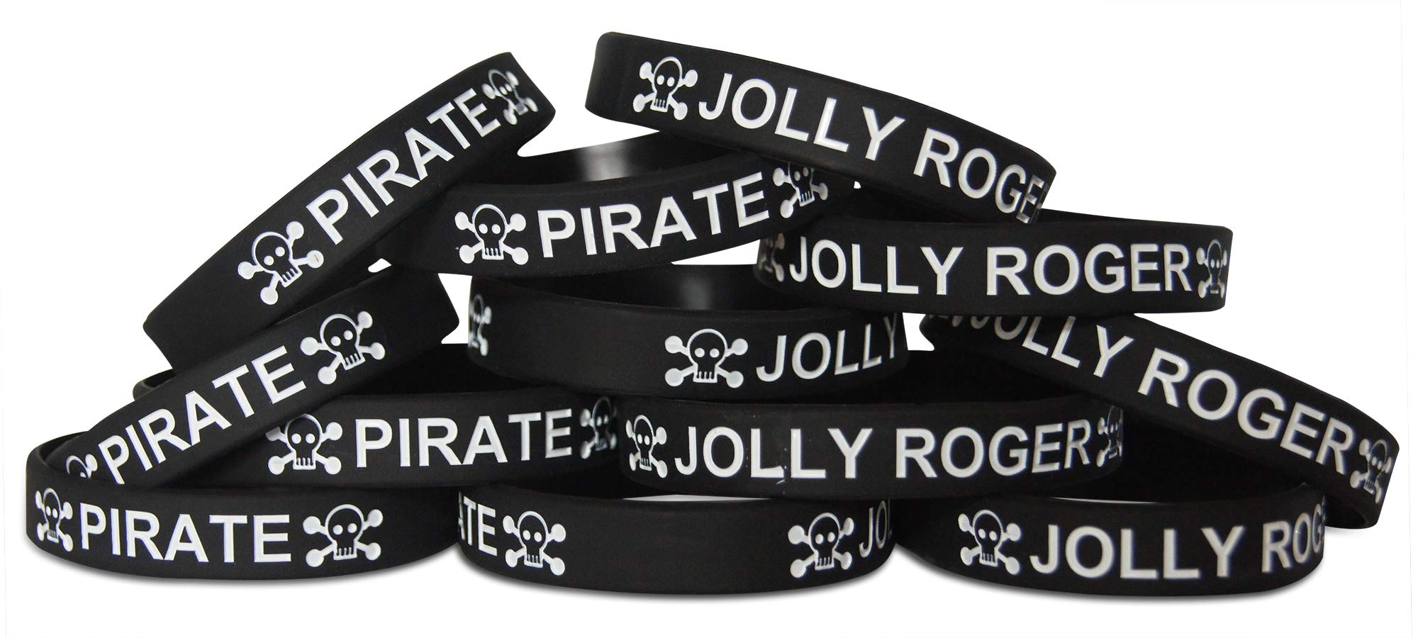 Novel Merk Jolly Roger Pirate Skull & Crossbones Black 12-Piece Party Favor & Carnival Prize Rubber Band Wristband Bracelet Accessory