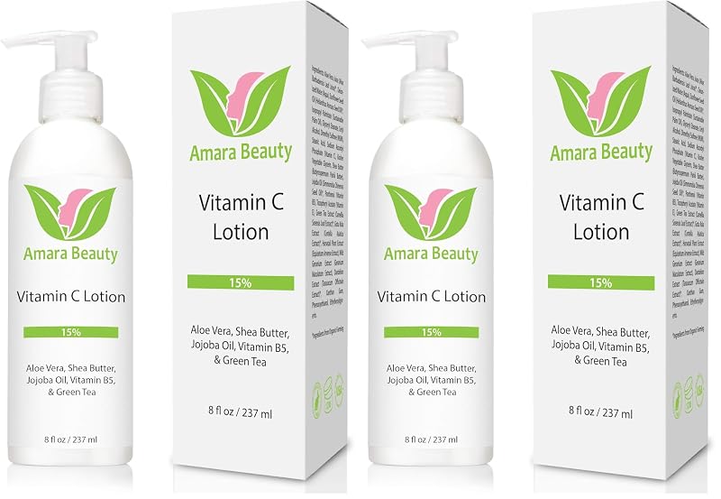 Loção facial e corporal com Vitamina C 15% Amara Beauty, manteiga de karité e óleo de jojoba, 240 mL, pacote com 2
