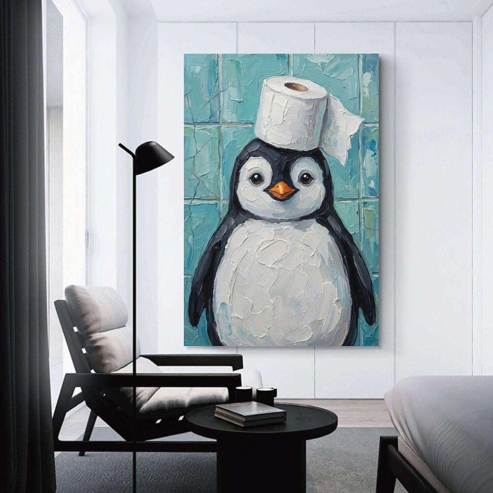 Junmoney Unframe-Style-2 Penguin Toilet Paper Hat Canvas Wall Decor, 12X18inch(30X45cm), For Wall Displays, Bedrooms Or Room Updates, Wall Decor Suited To Curated Displays