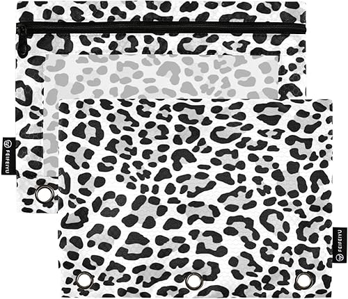 Gredecor Paquete de 2 carpetas para lápices, 3 anillos, color negro y blanco, leopardo, guepardo, cremallera, bolsas de cosméticos con organizador