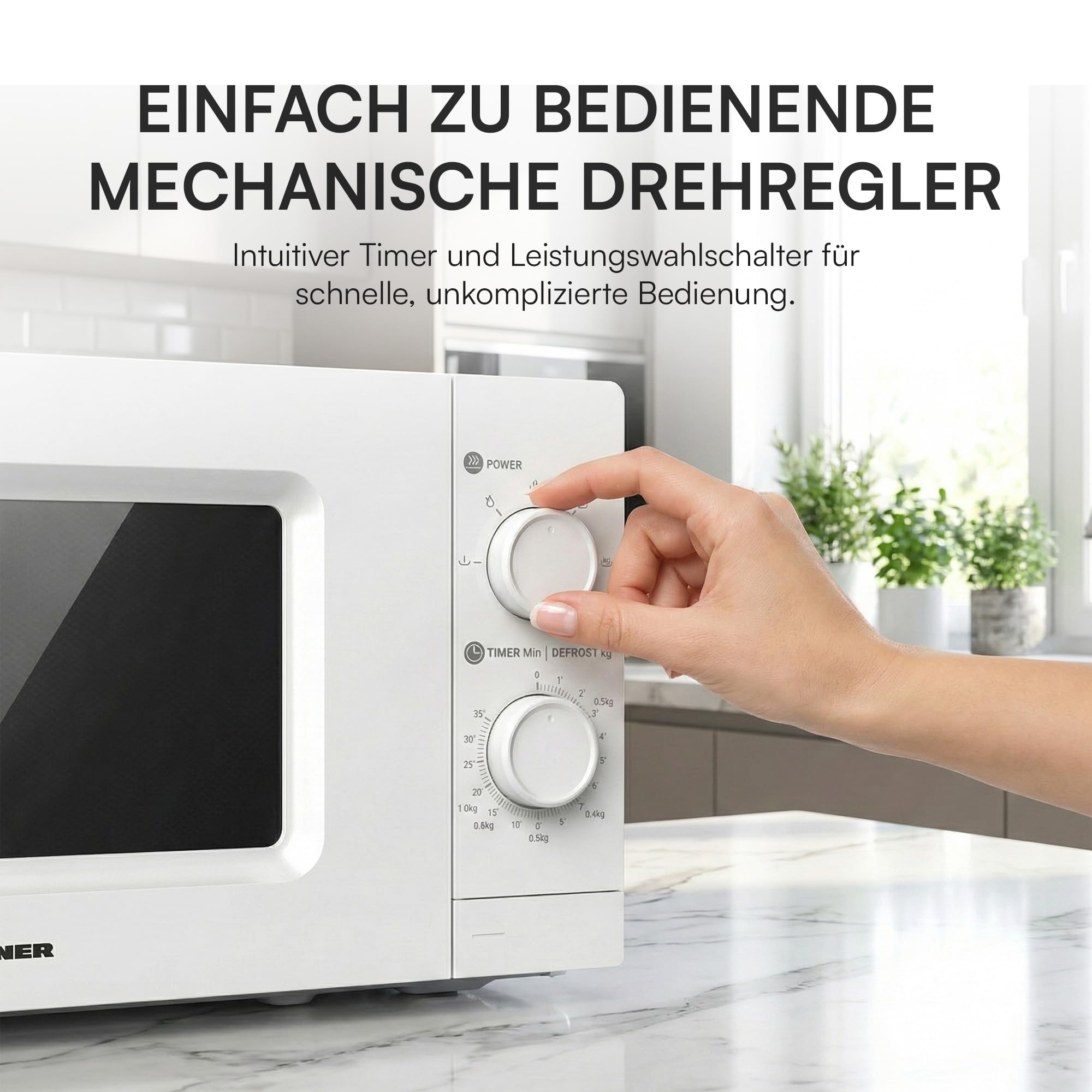 HMW-MD20MWH Mikrowelle • 20 L - 700 W, Manuelle Bedienung - 5 Leistungsstufen, Auftaufunktion - Drehregler - Weiß, 3 Jahre Garantie