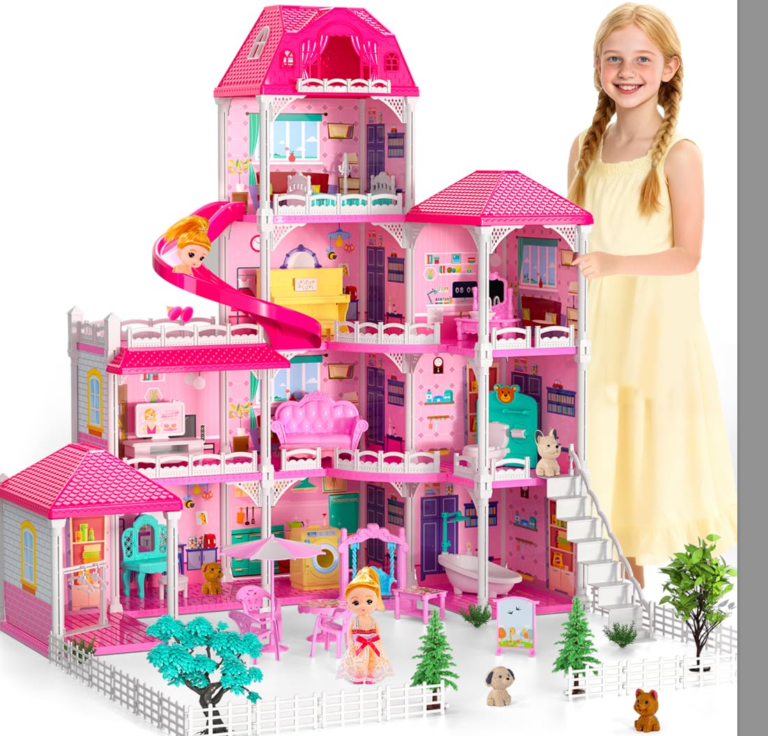 Doloowee Dolls House for Girls, 4 story 10 Rooms House Playset, with 2 Dolls, Furniture and Accessories, Toys for 3 4 5 Years Old Girls
