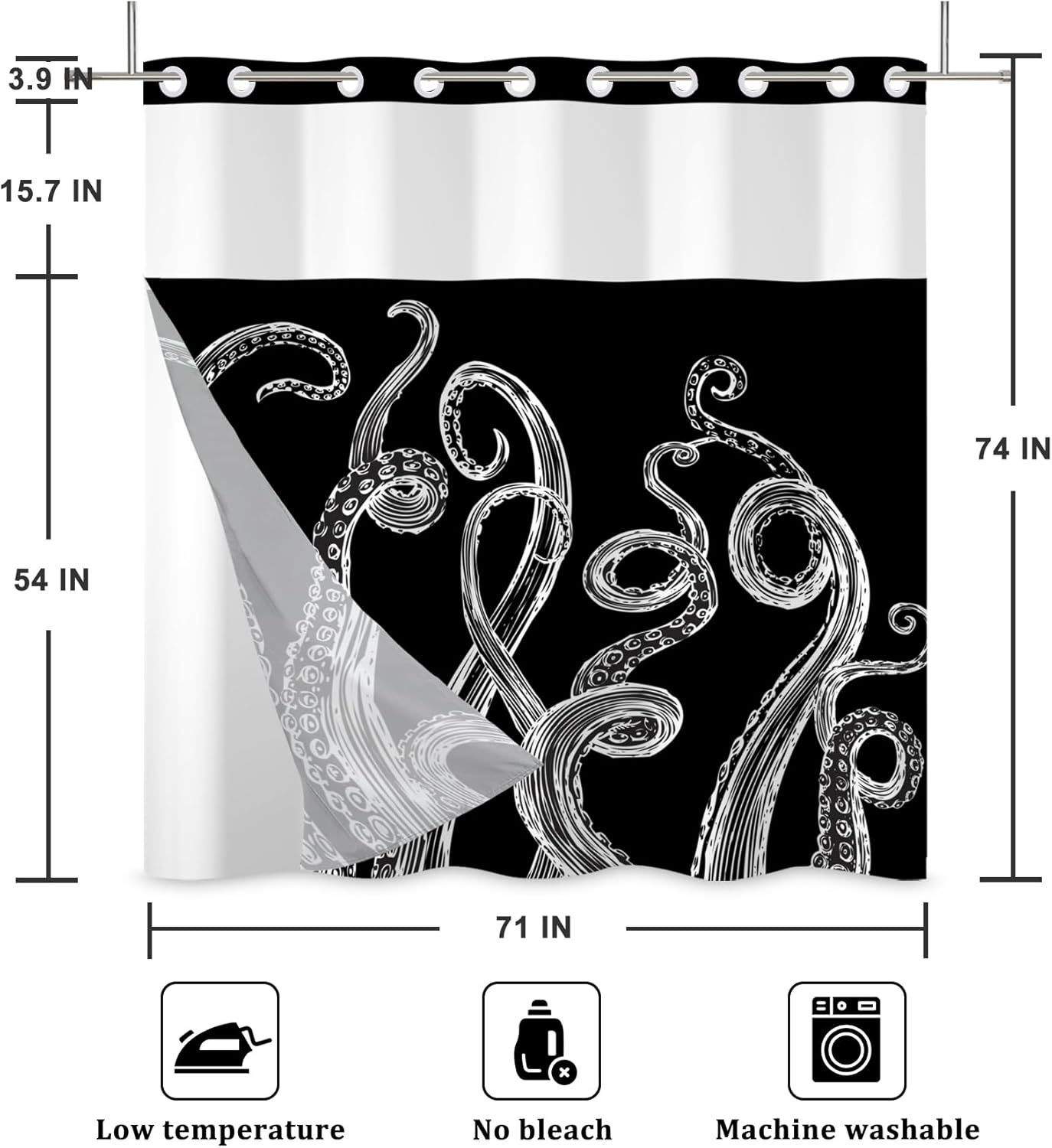 Baocicco Black Octopus No Hook Shower Curtain Nautical Black and White Sea Monster Double Layers Waterproof Fabric with See Through Top Window Coastal Hotel Shower Curtain and Liner Set 71x74 Inch