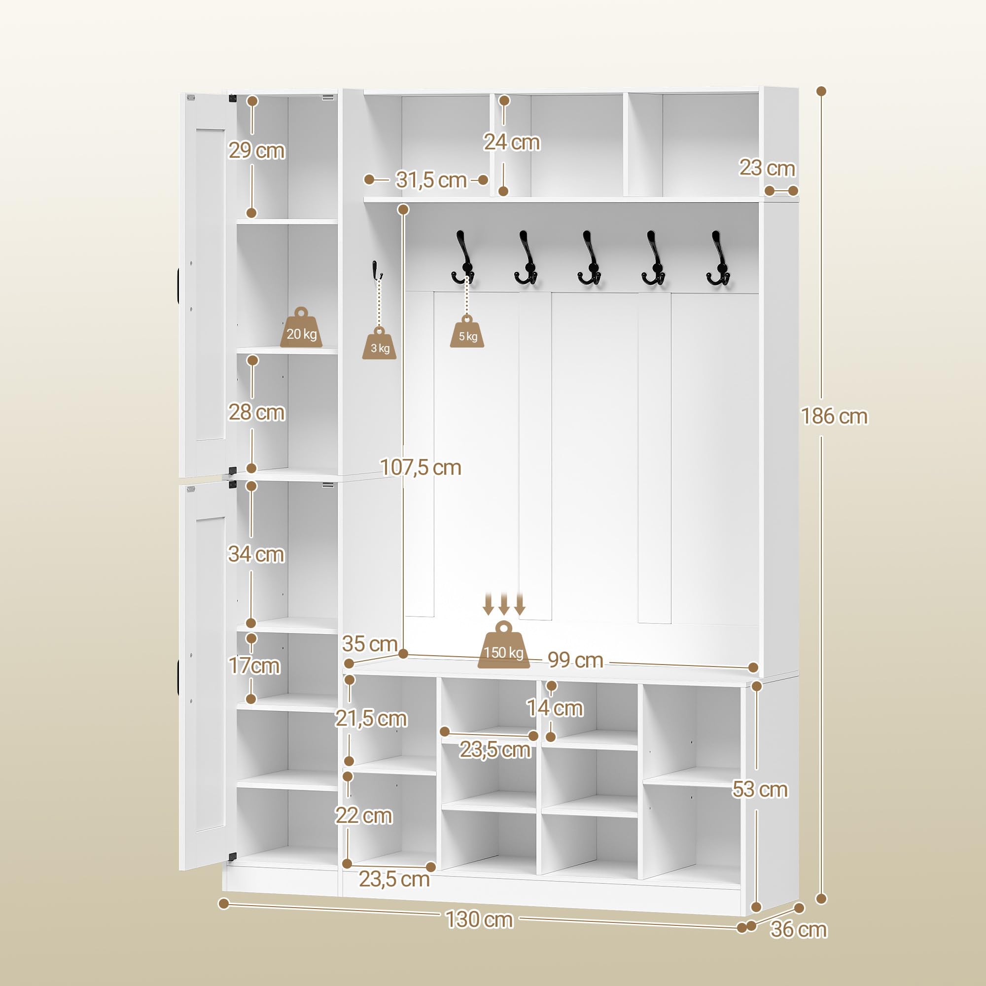 Hzuaneri Garderobenständer mit Sitzbank, Garderobe mit Seitlichem Stauschrank, 20 Fächer, Verstellbarer Regalboden, 6 Haken, Freistehender Kleiderständer für Flur, 36 x 130 x 186 cm, Weiß 7230103X