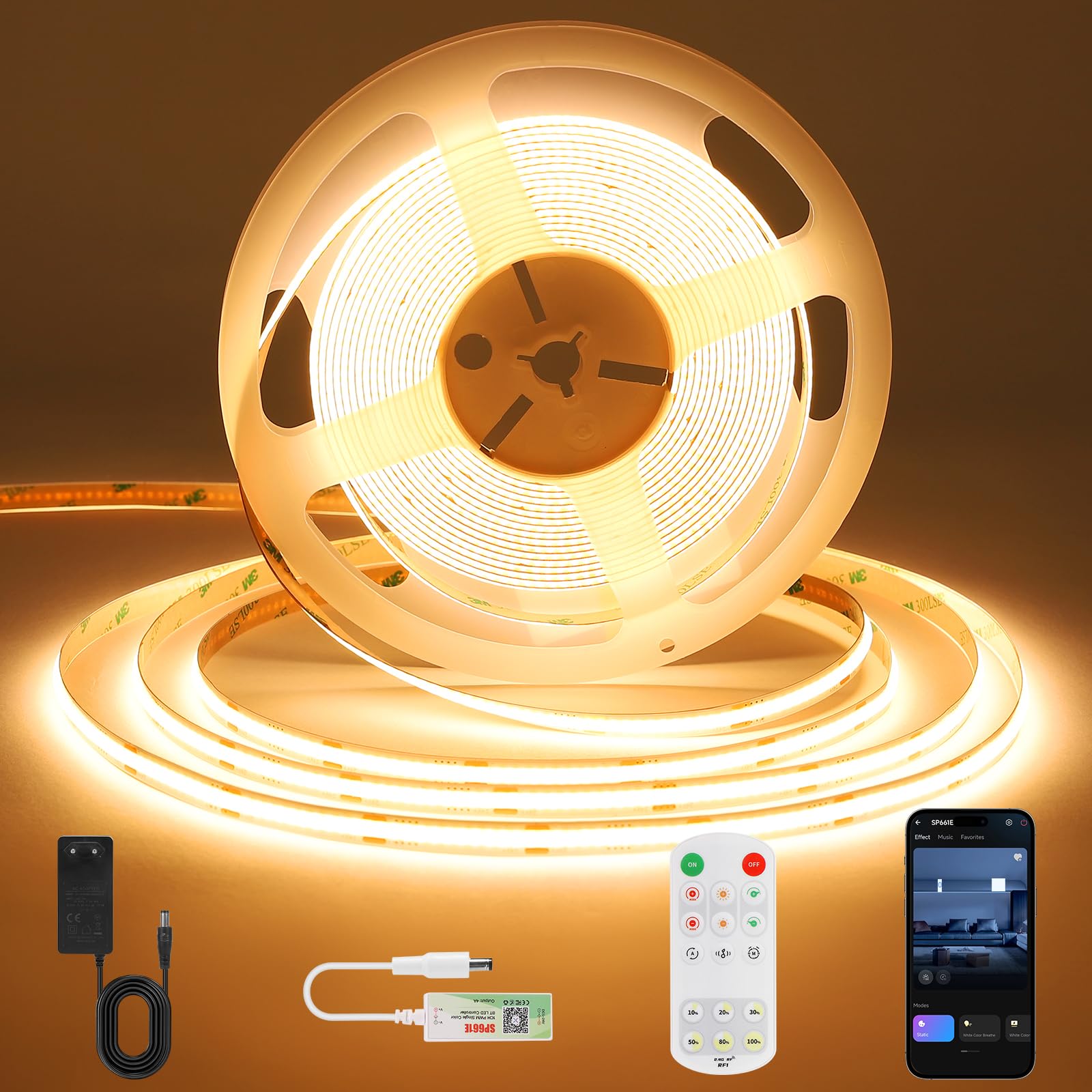 ACELUO Smart App COB LED Streifen Warmweiss, LED Streifen Dimmbar mit Timerfunktion, 8 mm Breite, LED Strip 5m für Schlafzimmer, Wand, Küche, Wohnzimmer, 3000K