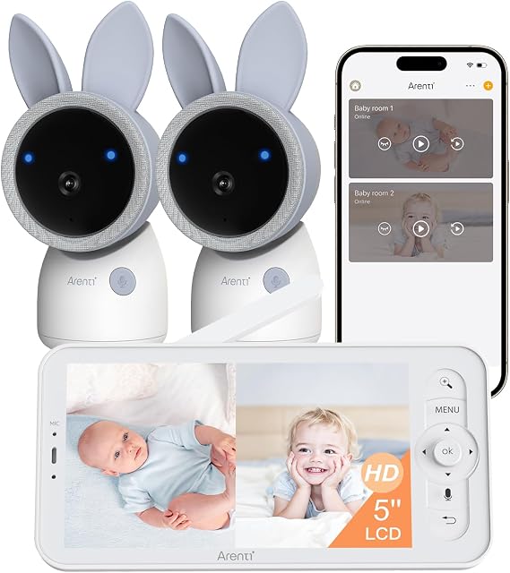 Arenti 4MP Moniteur bébé 2 Caméras, 5G&2,4G WiFi Smart Baby Camera 2PC avec écran sans fil de 5'', super vision nocturne, berceuses, cry & Détection des mouvements, temps & Capteur d'humidité, Crème Audio à deux voies(A4)