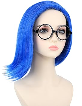 morvally Blue Costume Wig and Glasses for Women Short Blue Bob Wig Fun Anime Cosplay Halloween Wig (Adults)