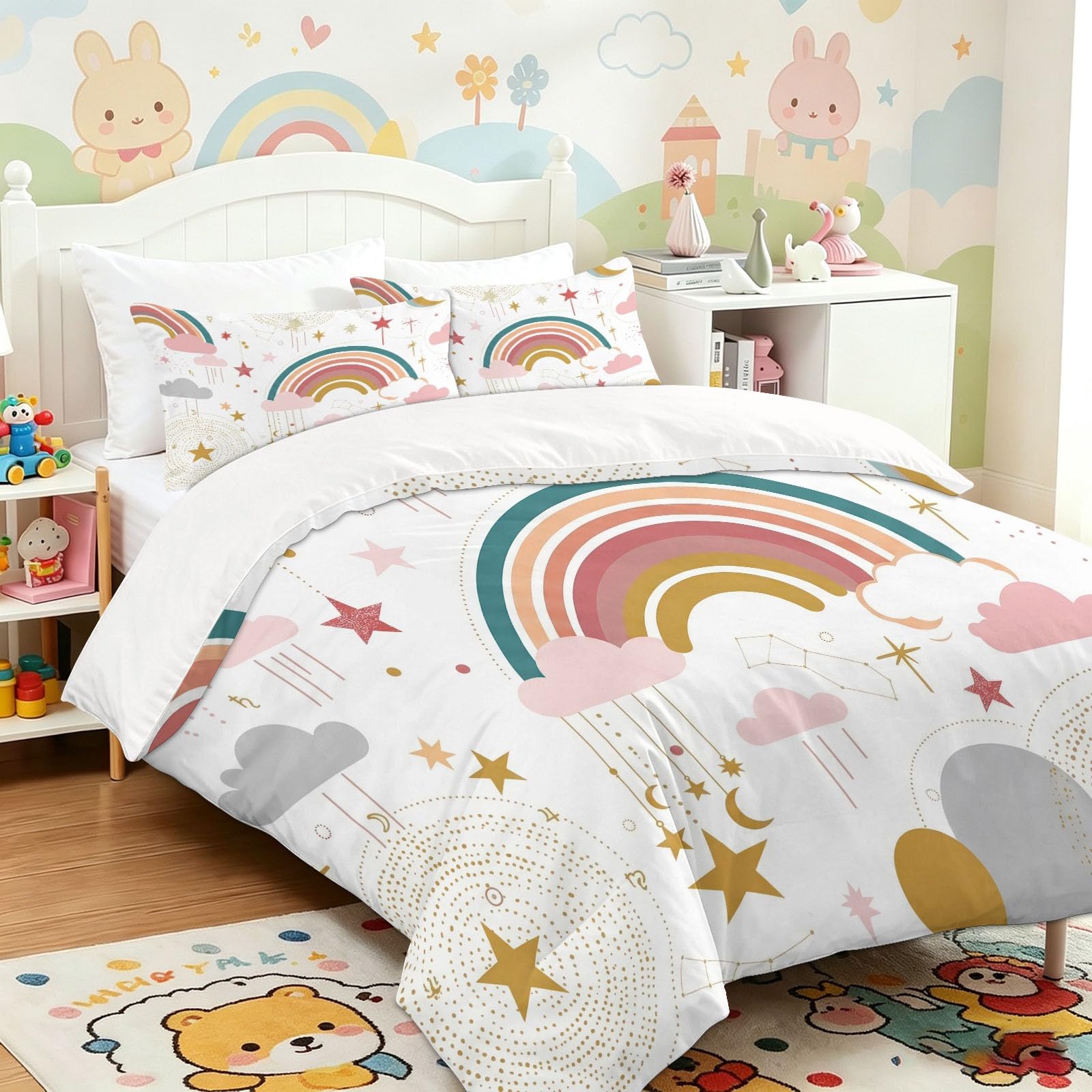 Fermeture éclair pour enfant ado parure de lit 140x200cm motif bohème blanc anti-glissement
