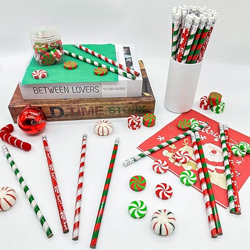 Miniatura 3 de 100 lápices de Navidad y borrador de bastón de caramelo a granel, lápiz de papelería de Navidad, borrador de Navidad para vacaciones, escuela,