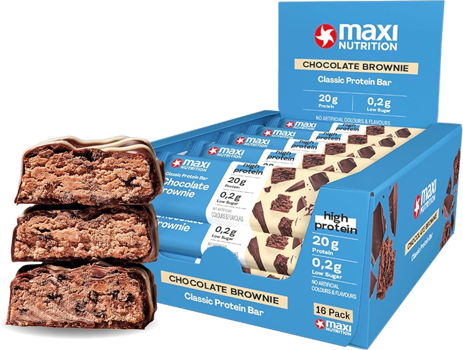 MaxiNutrition Classic Protein Bar Chocolate Brownie 16 x 40g - Protein Riegel mit 50% Eiweiß, 20g Protein pro Riegel, low sugar (0,2g), ohne Zuckerzusatz, ohne künstliche Aromen/Farbstoffe