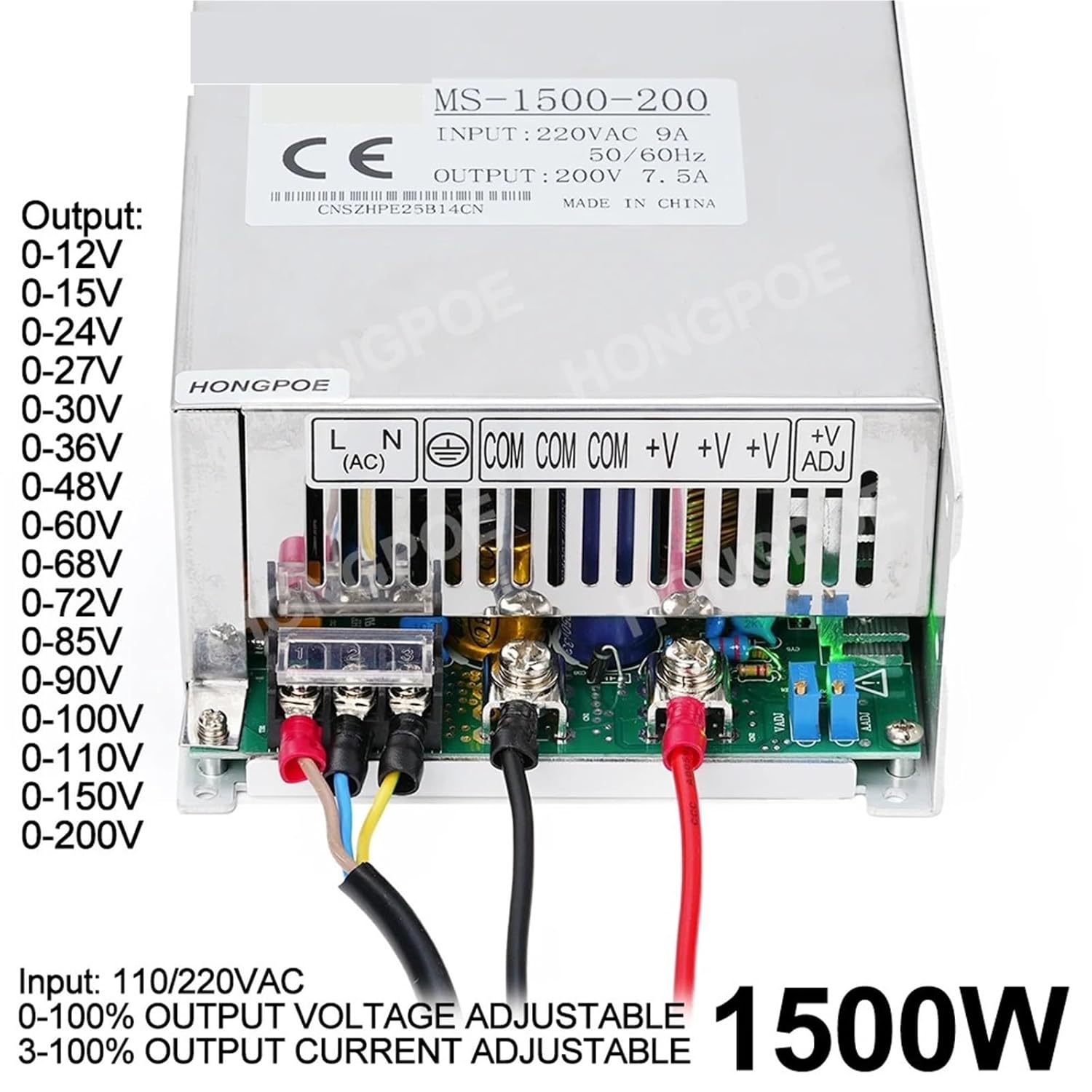 1500W Power Supply 0-12V 13.5V 15V 24V 27V 30V 36V 48v 60V 72V 85V 100V 110V 150V 200V for Battery Charging CCTV Motor LED(0-30VDC)