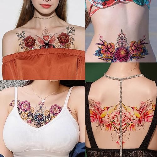 Miniatura 3 de Glaryyears Tatuaje temporal debajo del pecho para mujer, paquete de 10 tatuajes realistas florales grandes, calcomanías creativas de larga duración,