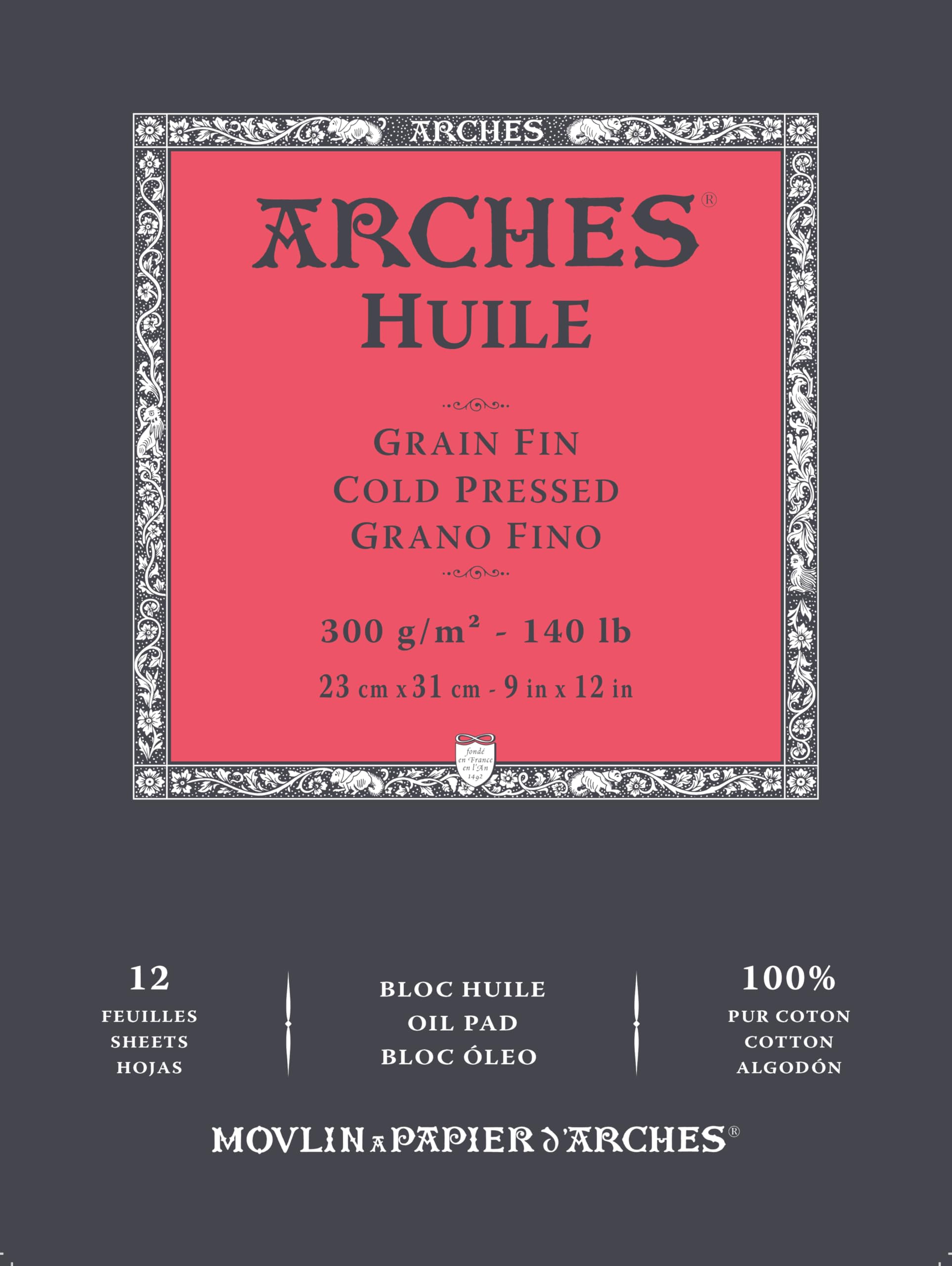 Arches A1795108 - Blocco di carta ad olio, 22,​9 x 30,​5 cm, 12 fogli, 300 g/​mq, grana fine, colore: Bianco