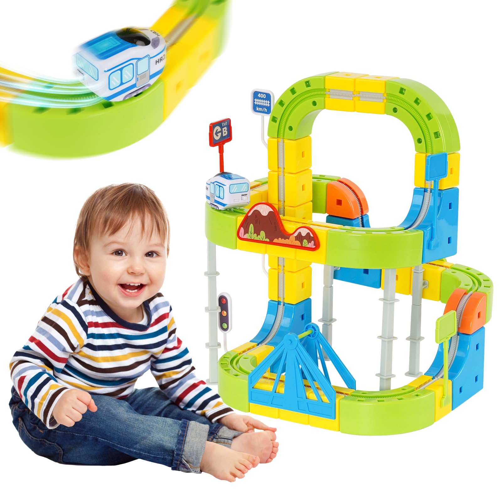 125PCS Electric Track Fusion Train Set for Kids,3D Racing Cube Track with Electric Gravity-Defying Motorized Vehicle and Traffic Signs,STEM Building Car Toys,Enducational Gifts for Boys Girls