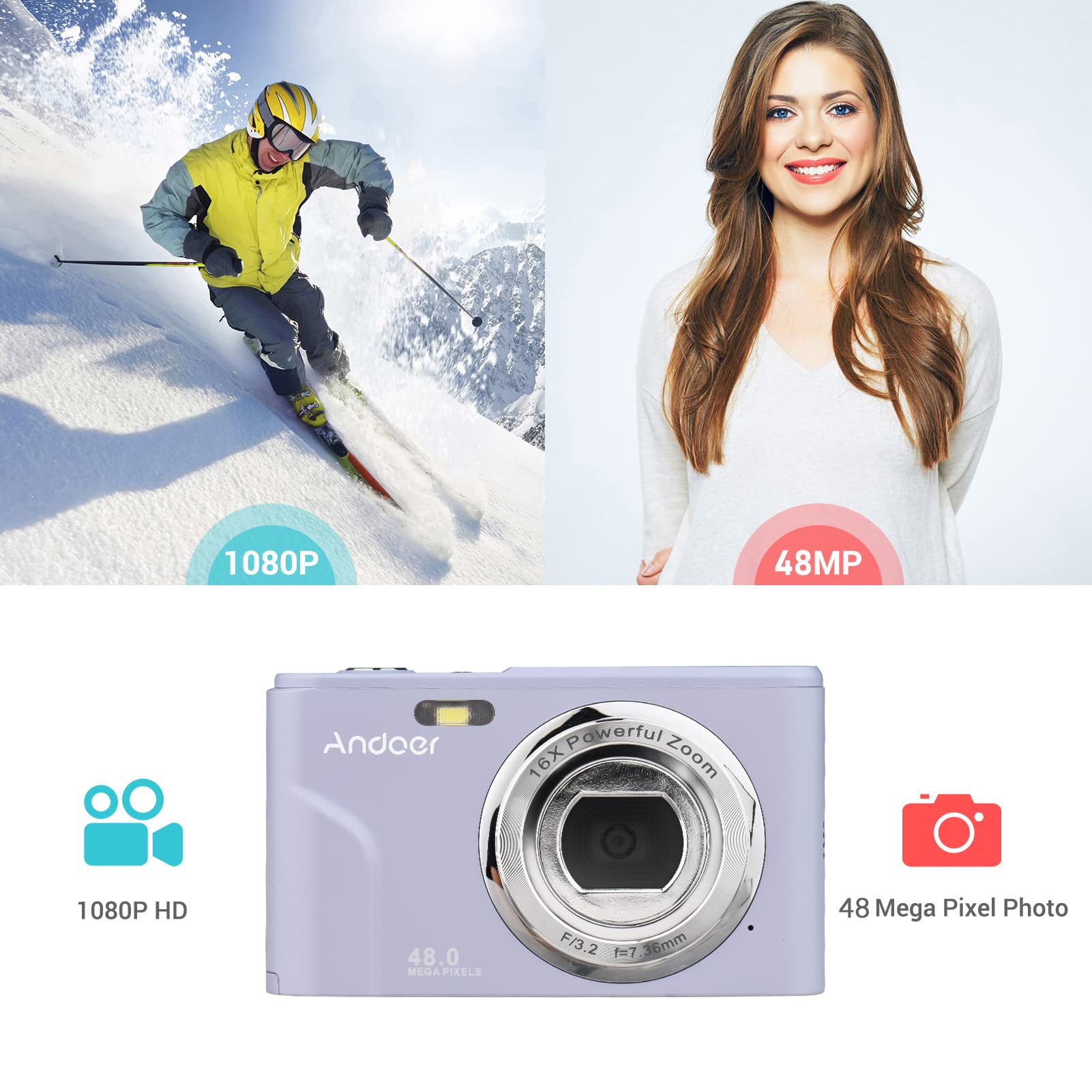 Andoer Aparat cyfrowy z autofokusem, 48 MP, 1080p, 2,4", aparat cyfrowy z 2 bateriami, pasek na rękę, torba do przenoszenia, dla dzieci, młodzieży, początkujących, studentów, fioletowy