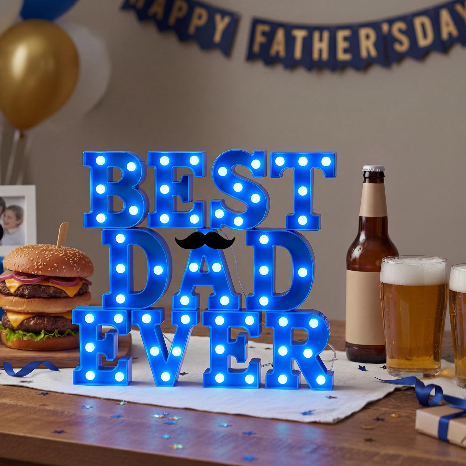 Ganeen Decorazione in plastica per festa del papà, con scritta in inglese "Best Dad Ever", con scritta in inglese "Best Dad Ever", decorazione da tavolo con baffi, decorazione per casa, mensola da