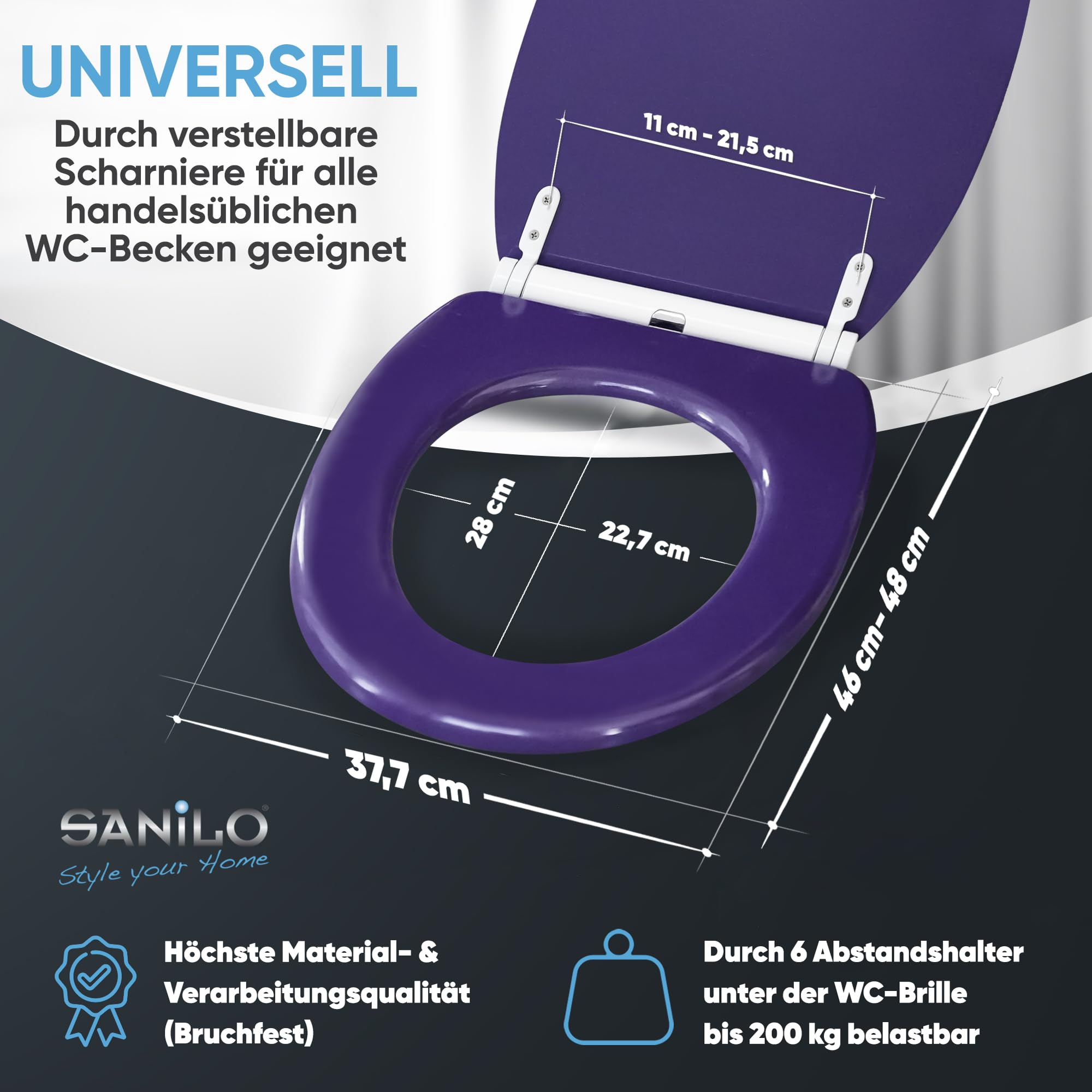 Sanilo WC Sitz mit Absenkautomatik & Schnellverschluss, Toilettendeckel per Knopfdruck abnehmbar, einfache Montage von oben (Glitzer Lila)