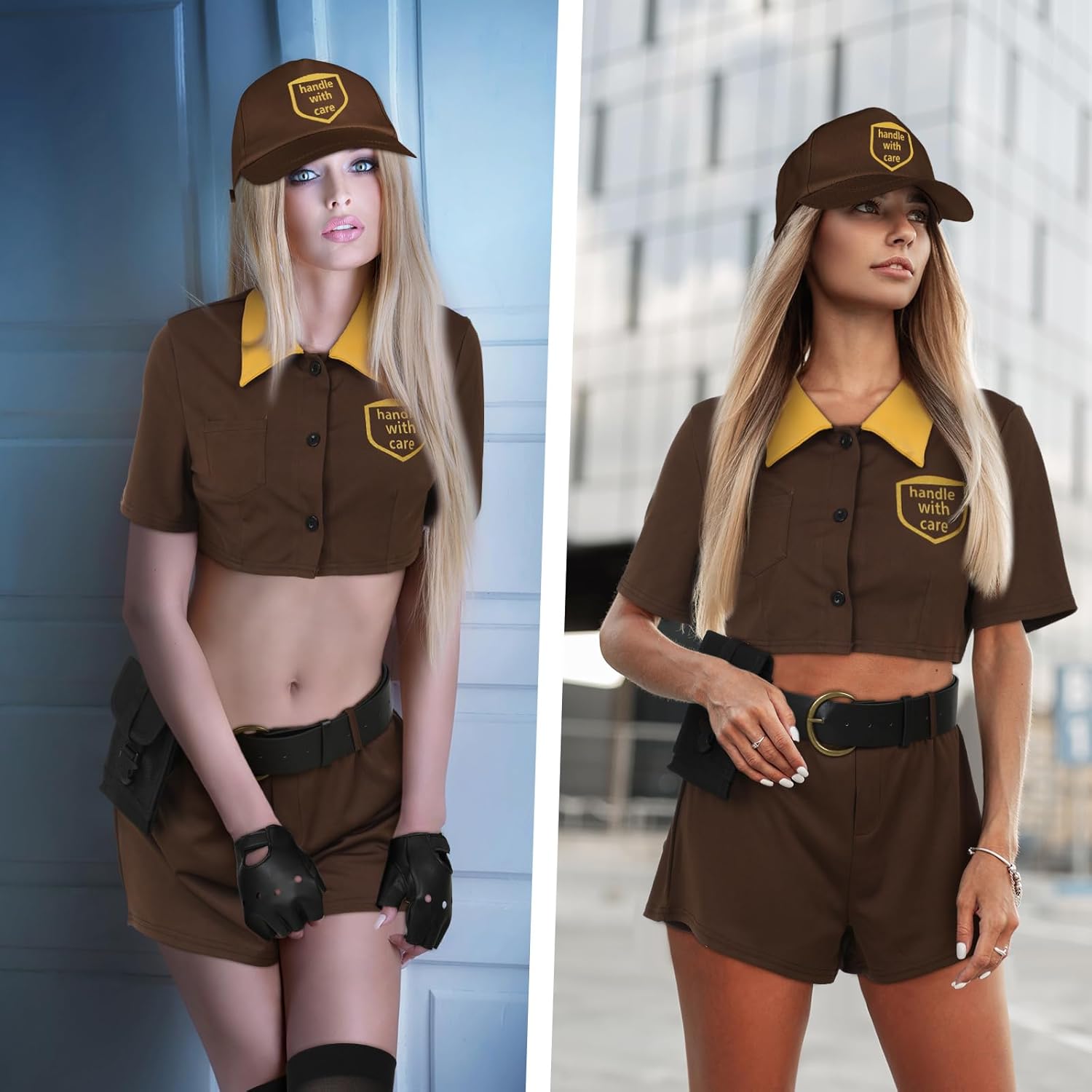 Hicarer 8 Pcs Halloween Women Postal Delivery Costume Includes Small Shipping Boxes, Brown Top and Shorts, Adjustable Belt, Fanny Pack, Hat, Stockings, Fingerless Gloves for Cosplay - Image 4