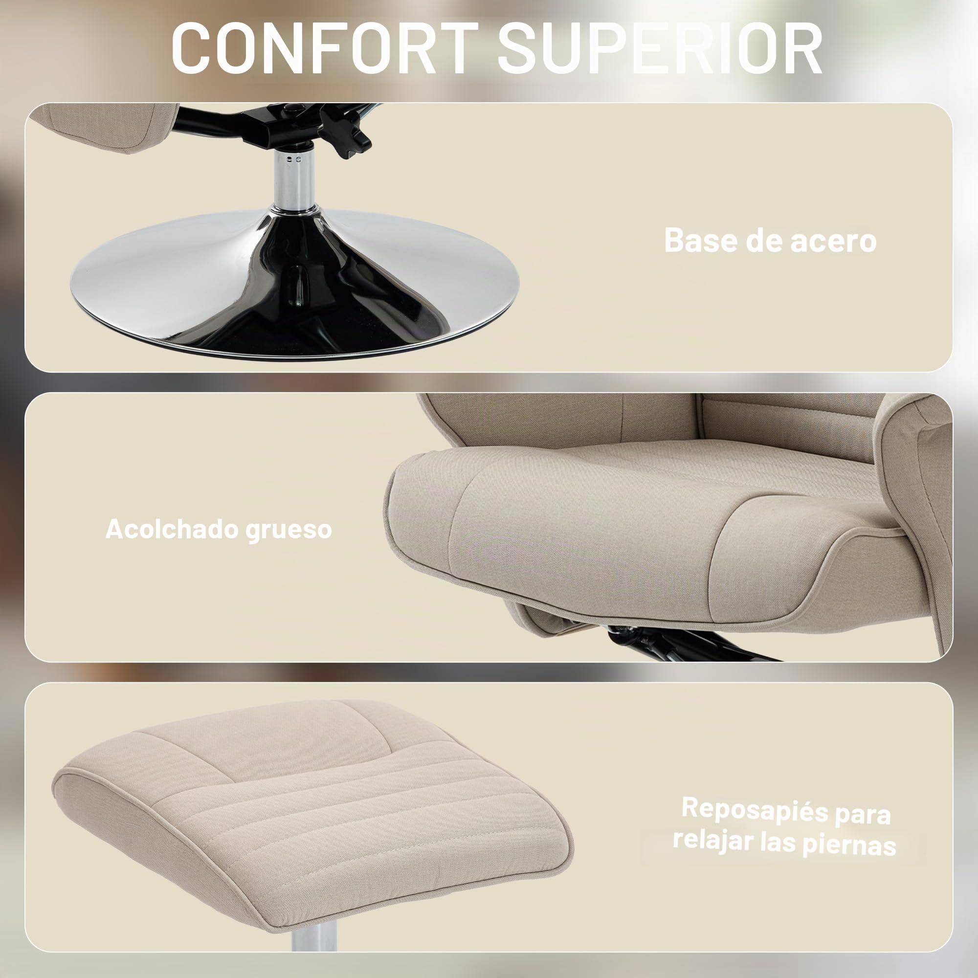 HOMCOM Sillón Relax Inclinable 135° Giratorio 360° con Reposapiés Beige