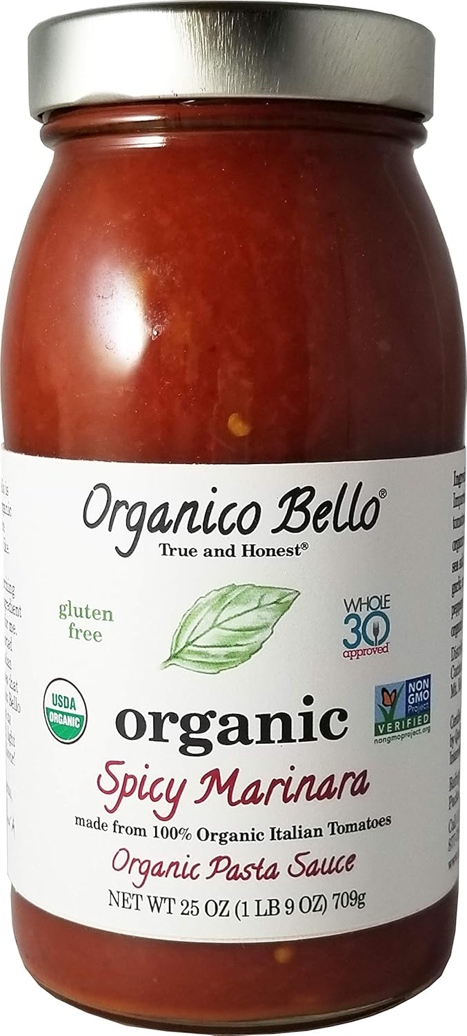 Organico Bello - Organic Gourmet Pasta Sauce - Spicy Marinara - 25oz (Pack of 6) - Non GMO, Whole 30 Approved, Gluten Free