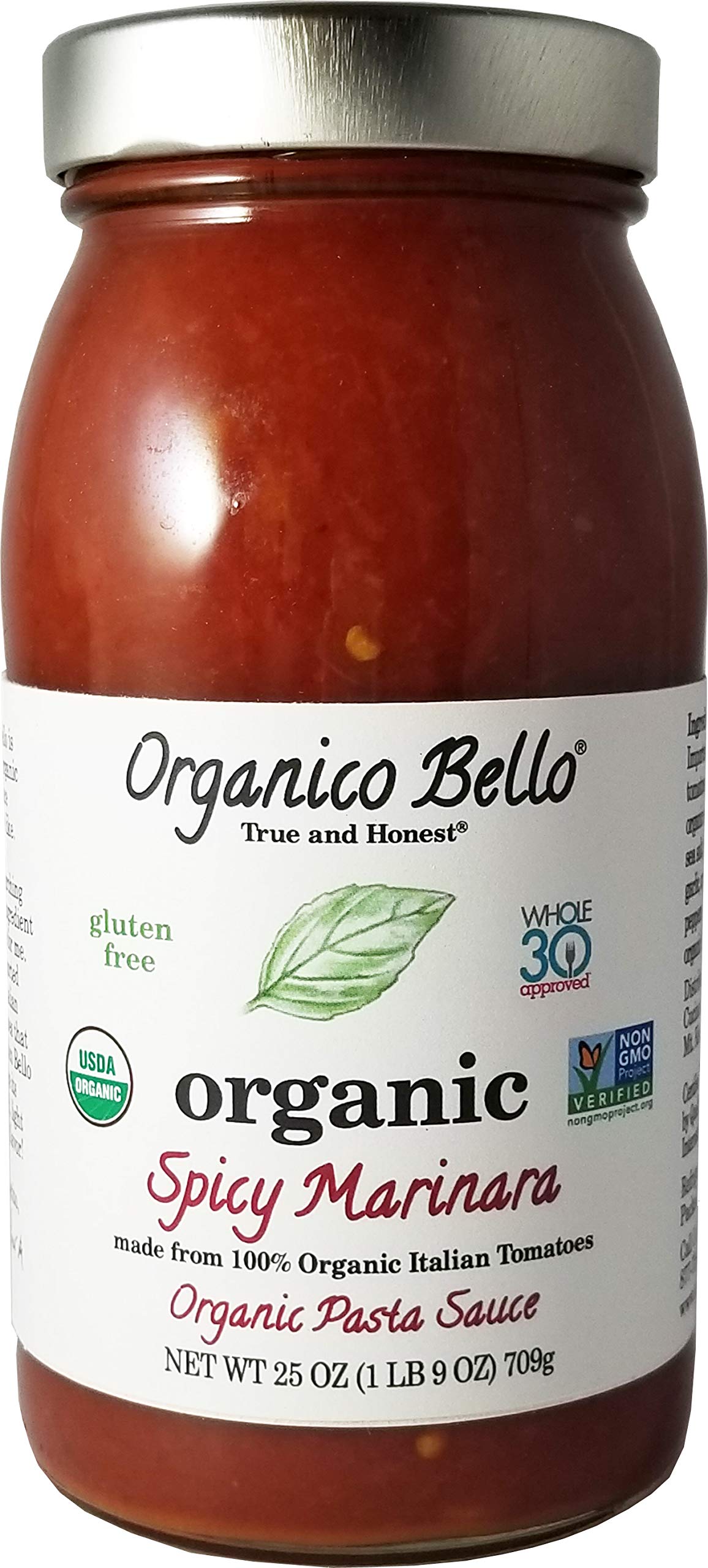 Organico Bello - Organic Gourmet Pasta Sauce - Spicy Marinara - 25oz (Pack of 6) - Non GMO, Whole 30 Approved, Gluten Free