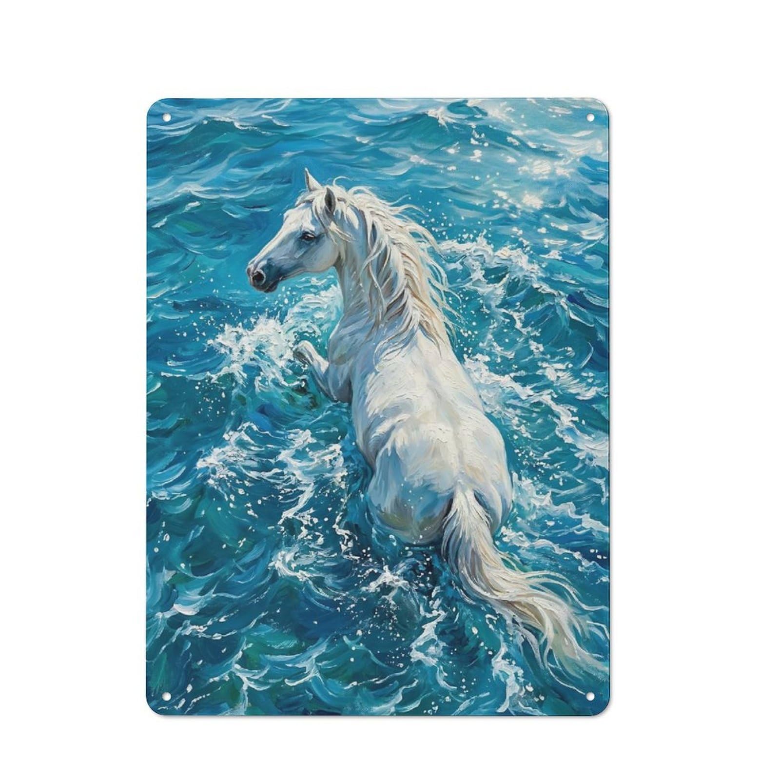 Junmoney Style-9 Rustic Tin Sign 40X30cm Featuring White Horse In Blue Water For Garage Or Workshop, For Garage, Workshop And Man Cave Decoration