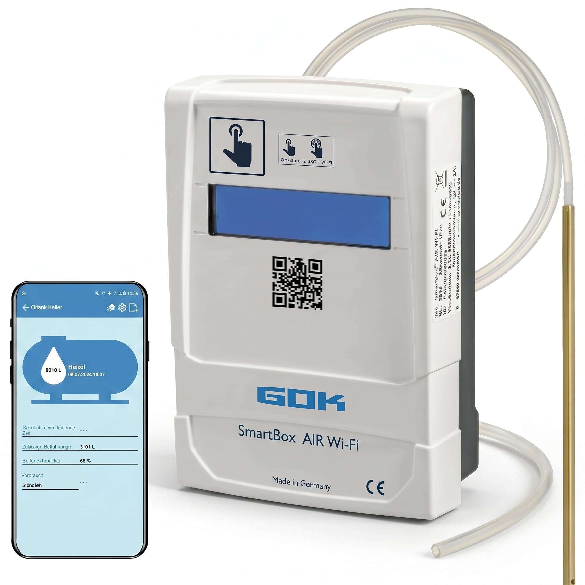 GOK SmartBox AIR Wi-Fi, Füllstandsanzeige für Heizöltank mit App, akkubetriebener Inhaltsfernanzeiger für drucklose Tanks, WLAN-Übertragung, pneumatische Messung, Anzeige der Freiraummenge, USB-C