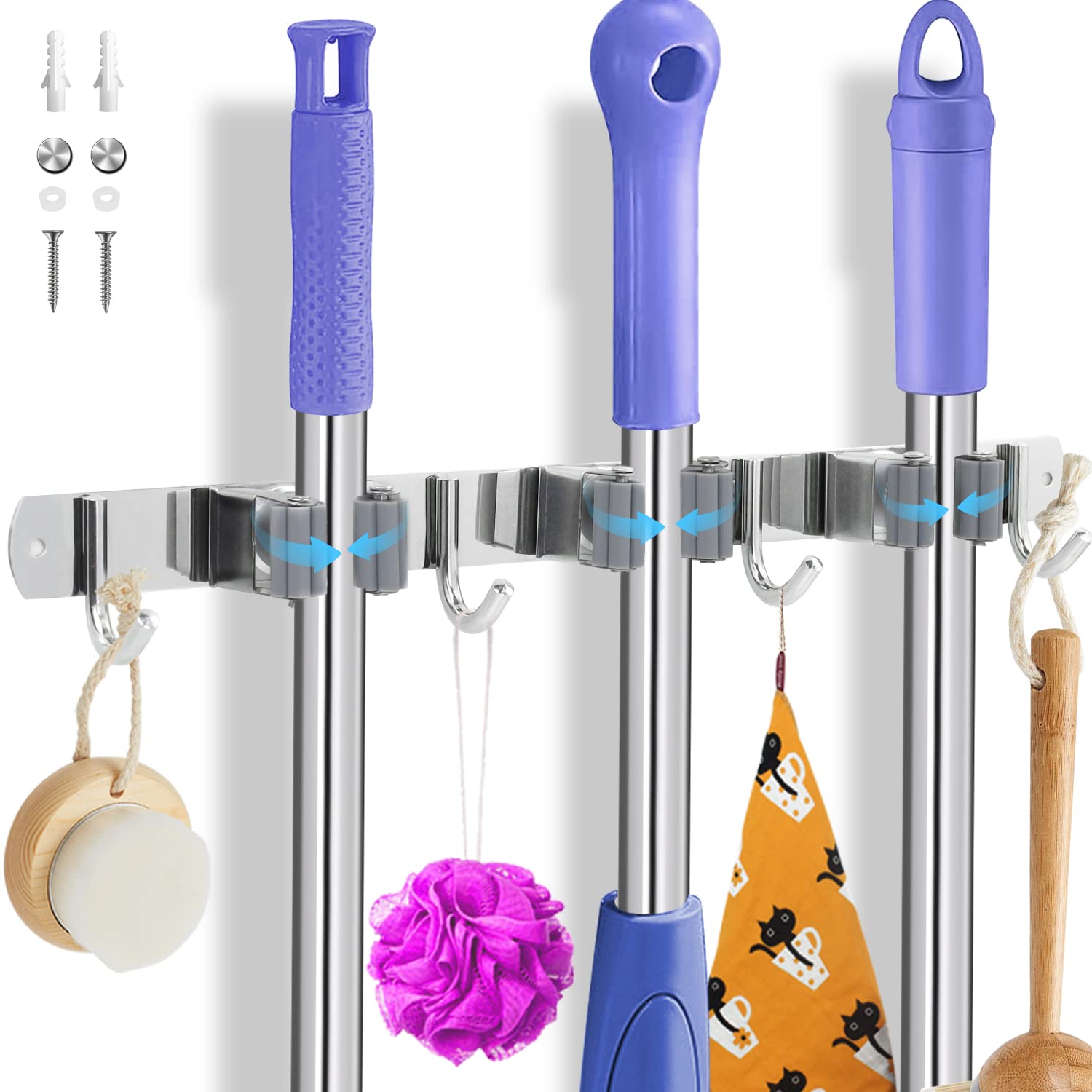 QUTHZZHY Wall Mounted 3 Clips 4 Hooks Stainless Steel Rack Storage Rack Storage Rack Storage Rack Kitchen Bathroom Garage Garden Space Saving Rack