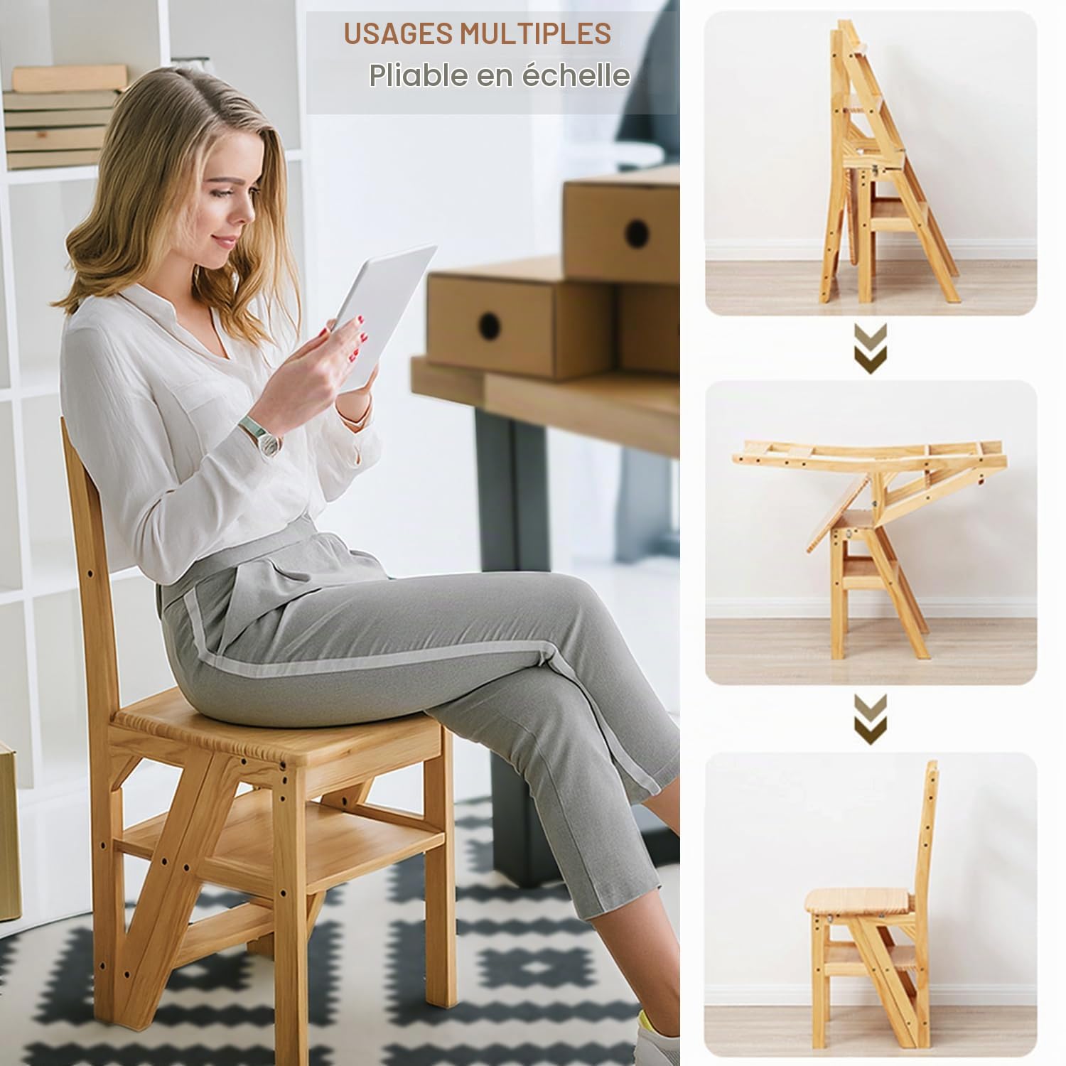 Chaise échelle Pliante 3 en 1 en Bois Massif, escabeau Convertible et présentoir, échelle multifonctionnelle à 4 Niveaux, pour la Maison, la Cuisine, la bibliothèque, capacité de 150kg (Bois)