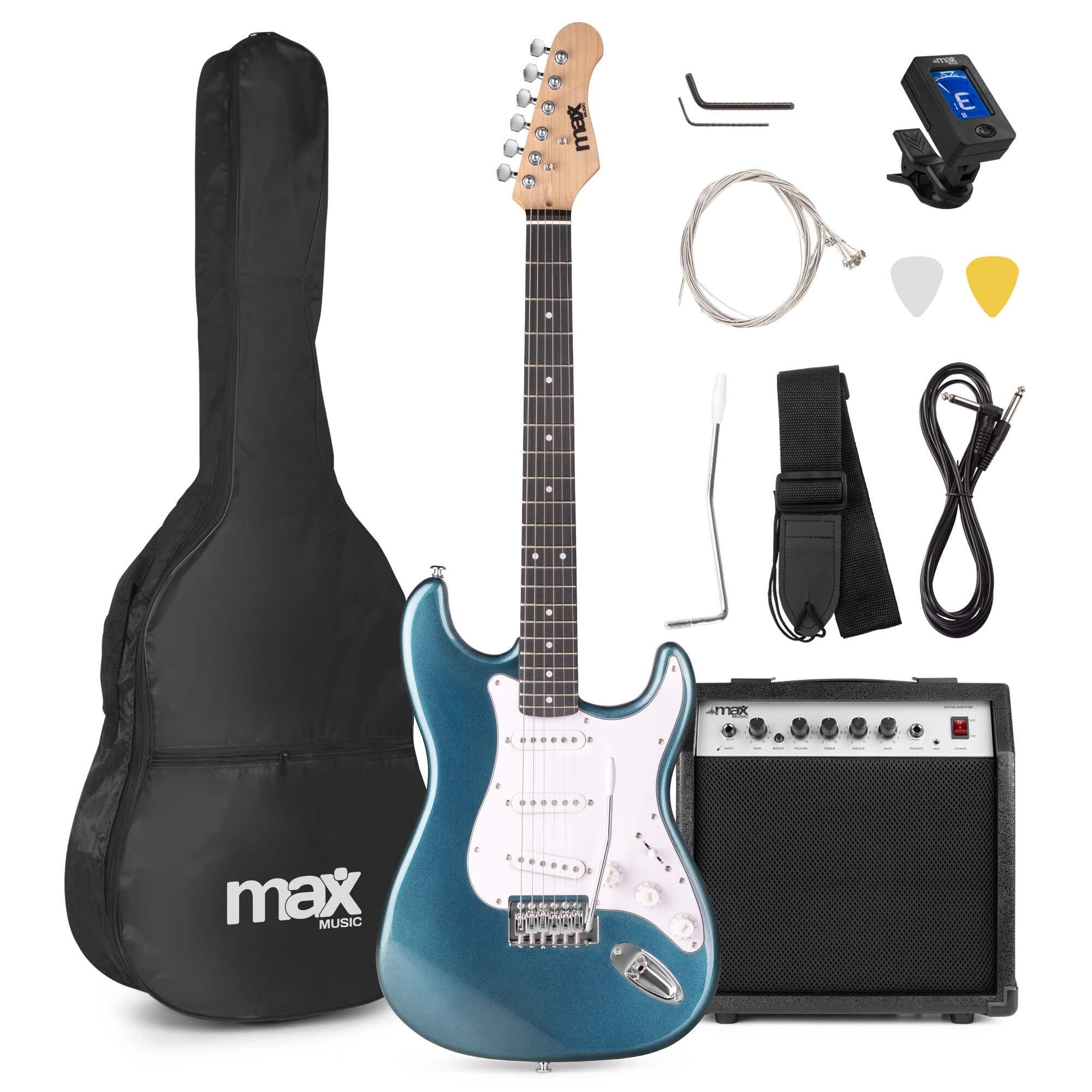 MAX GigKit Beginner Electric Guitar Starter Package in Blue - Perfect Starter Guitar Set with Amp, Accessories & Cool Blue Finish for Musical Instruments & Beginner Guitarists Blue Standard Kit
